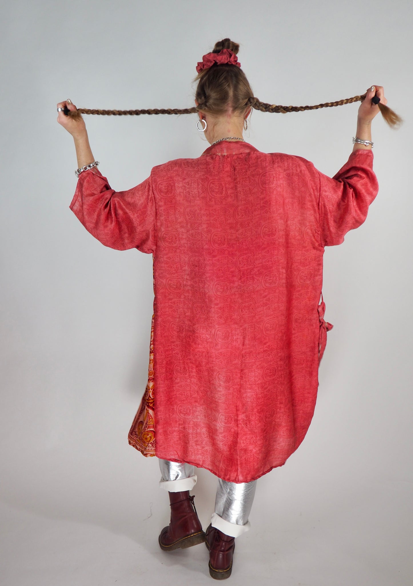 The Kardash Medium-Length Kimono – Up-cycled Vintage Sari Kimono Jacket with Waist Tie + Matching Scrunchy & Storage Bag