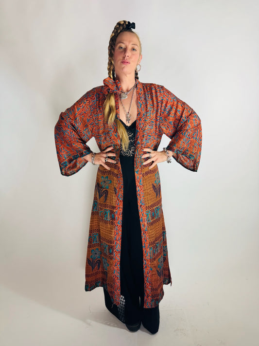 The Kardash Long Kimono – Up-cycled Vintage Sari long Kimono Robe with Waist Tie + Matching Scrunchy & Storage Bag