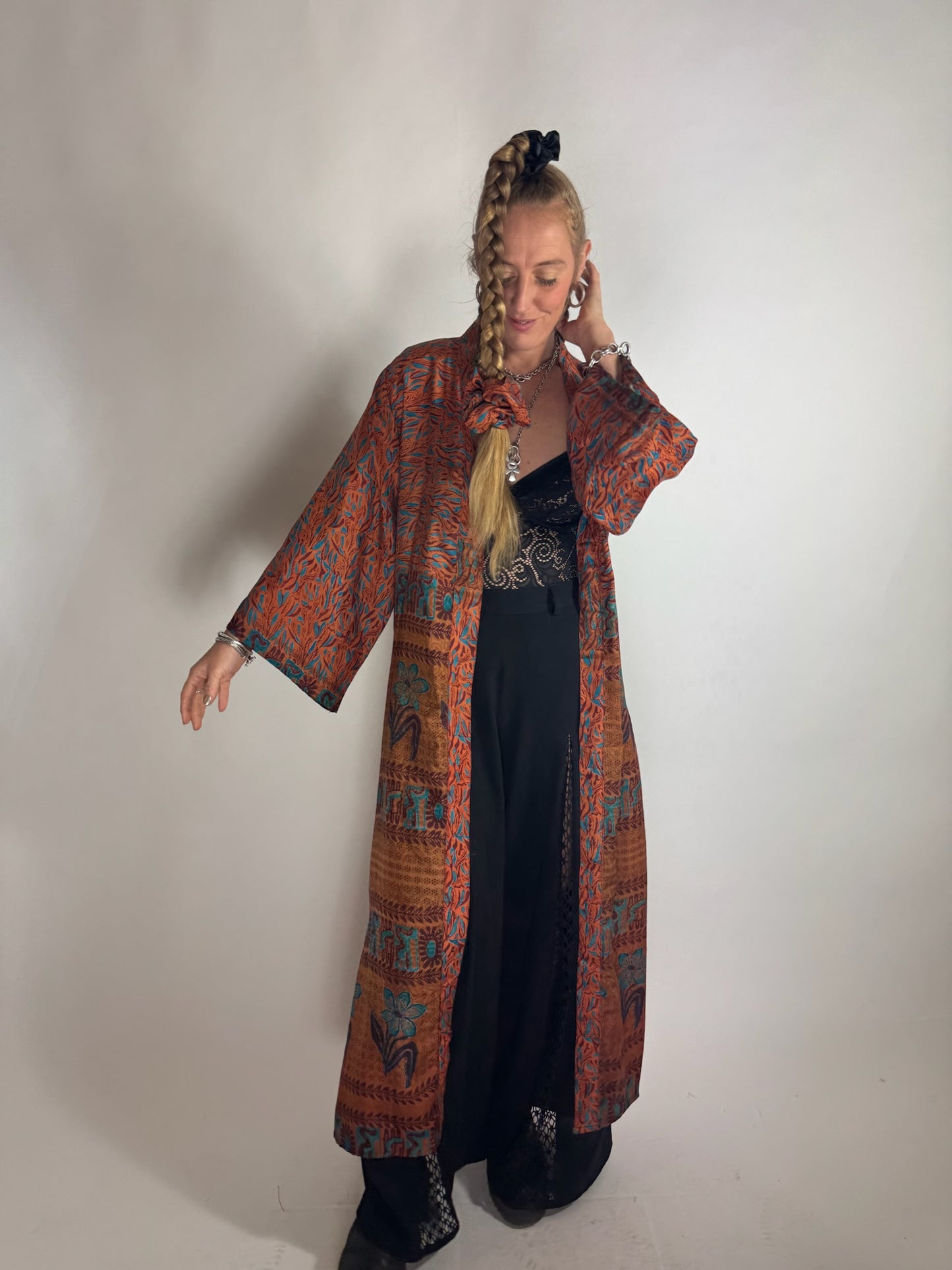 The Kardash Long Kimono – Up-cycled Vintage Sari long Kimono Robe with Waist Tie + Matching Scrunchy & Storage Bag