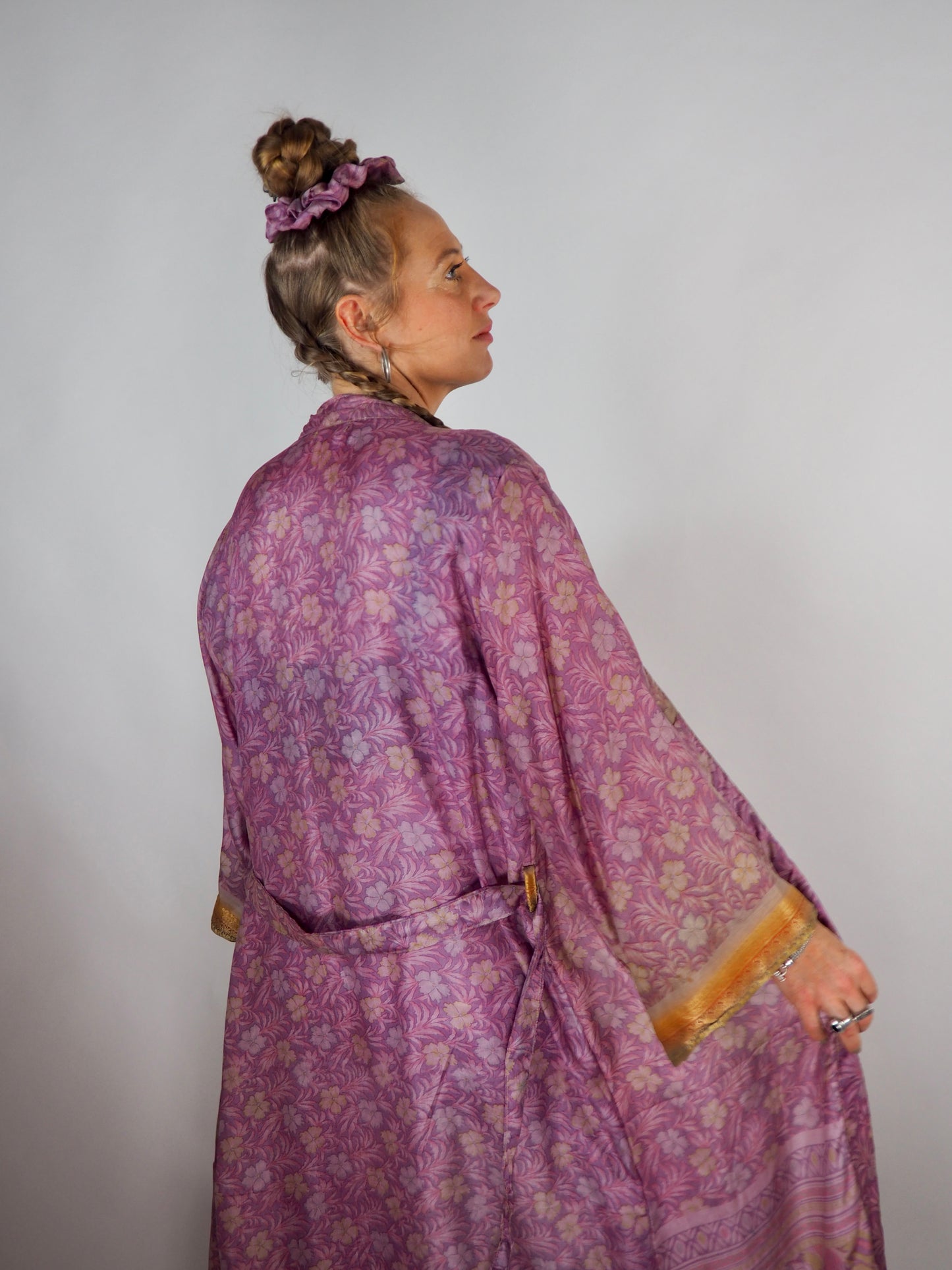 The Kardash Long Kimono – Up-cycled Vintage Sari long Kimono Robe with Waist Tie + Matching Scrunchy & Storage Bag