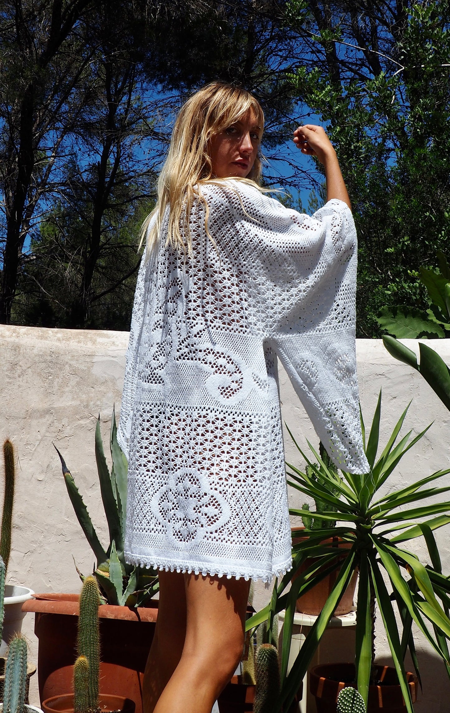 White vintage crochet bell sleeve shirt dress up-cycled by Vagabond Ibiza made in our atelier in Ibiza