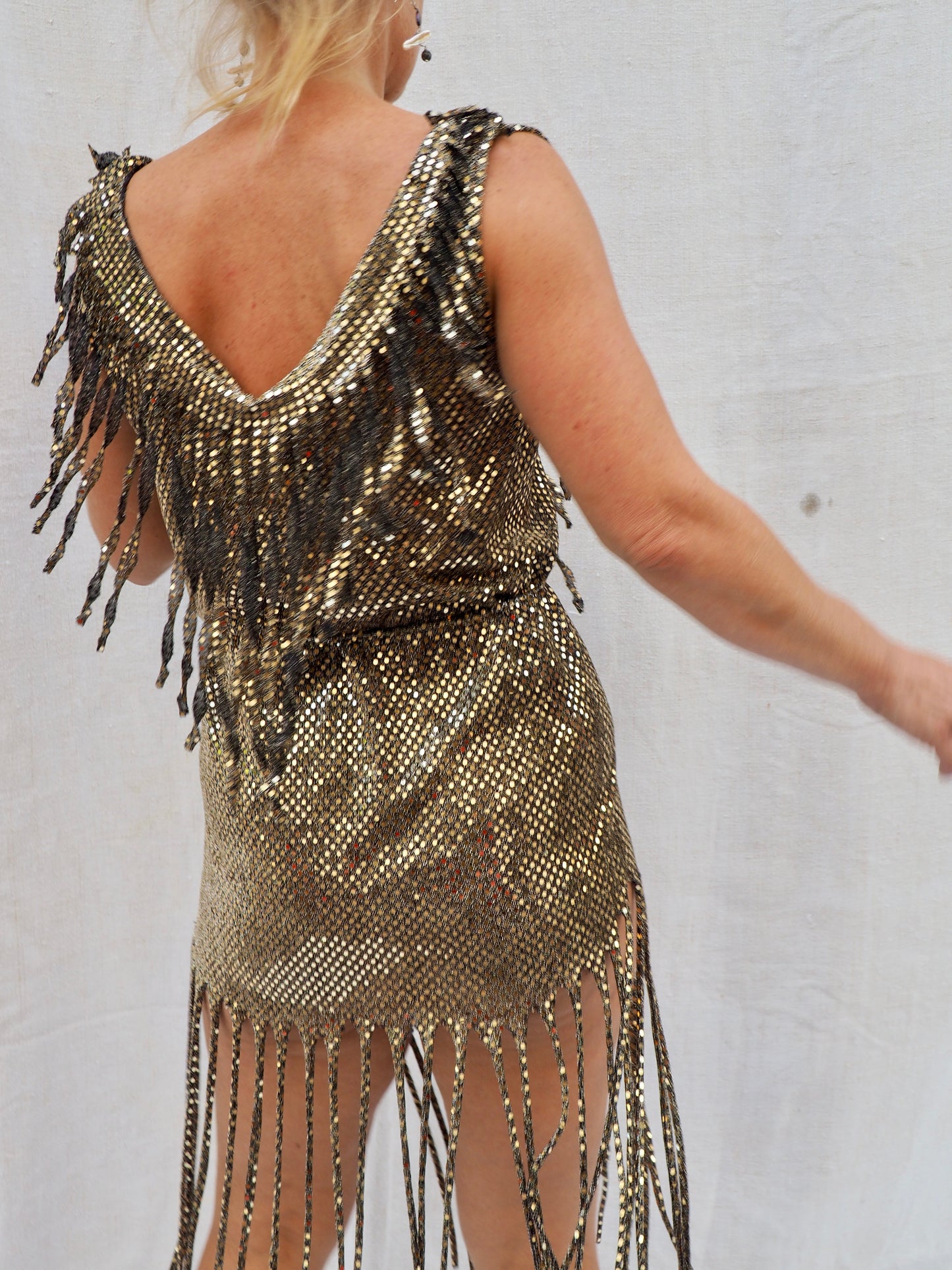 1970s Vintage Gold Sequin Fringe Dress