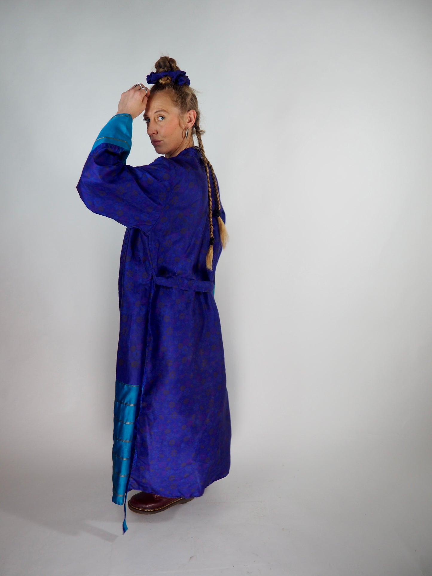 The Kardash Long Kimono – Up-cycled Vintage Sari long Kimono Robe with Waist Tie + Matching Scrunchy & Storage Bag