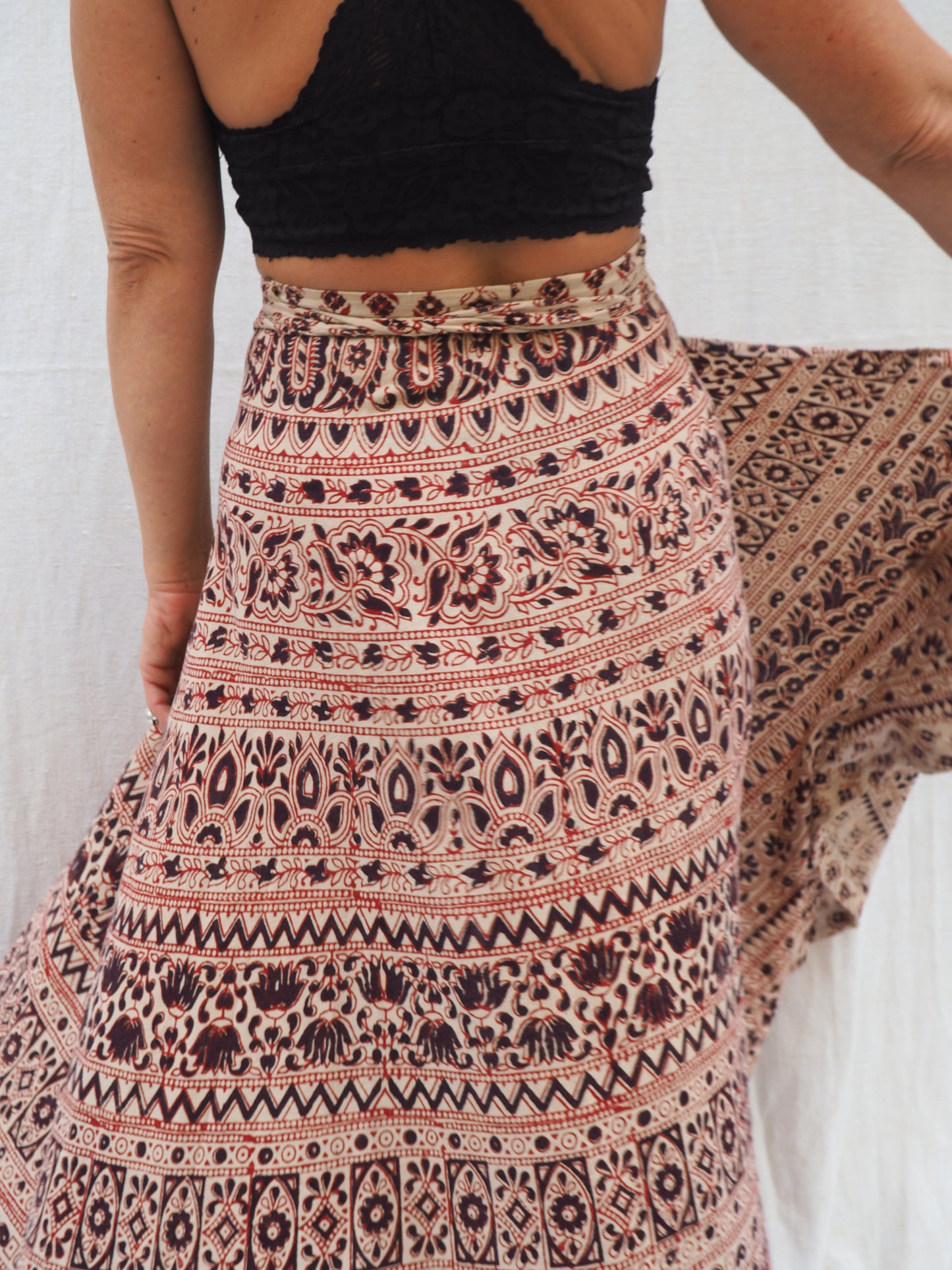 Vintage 1970s Indian Cotton Block Printed Wrap Skirt