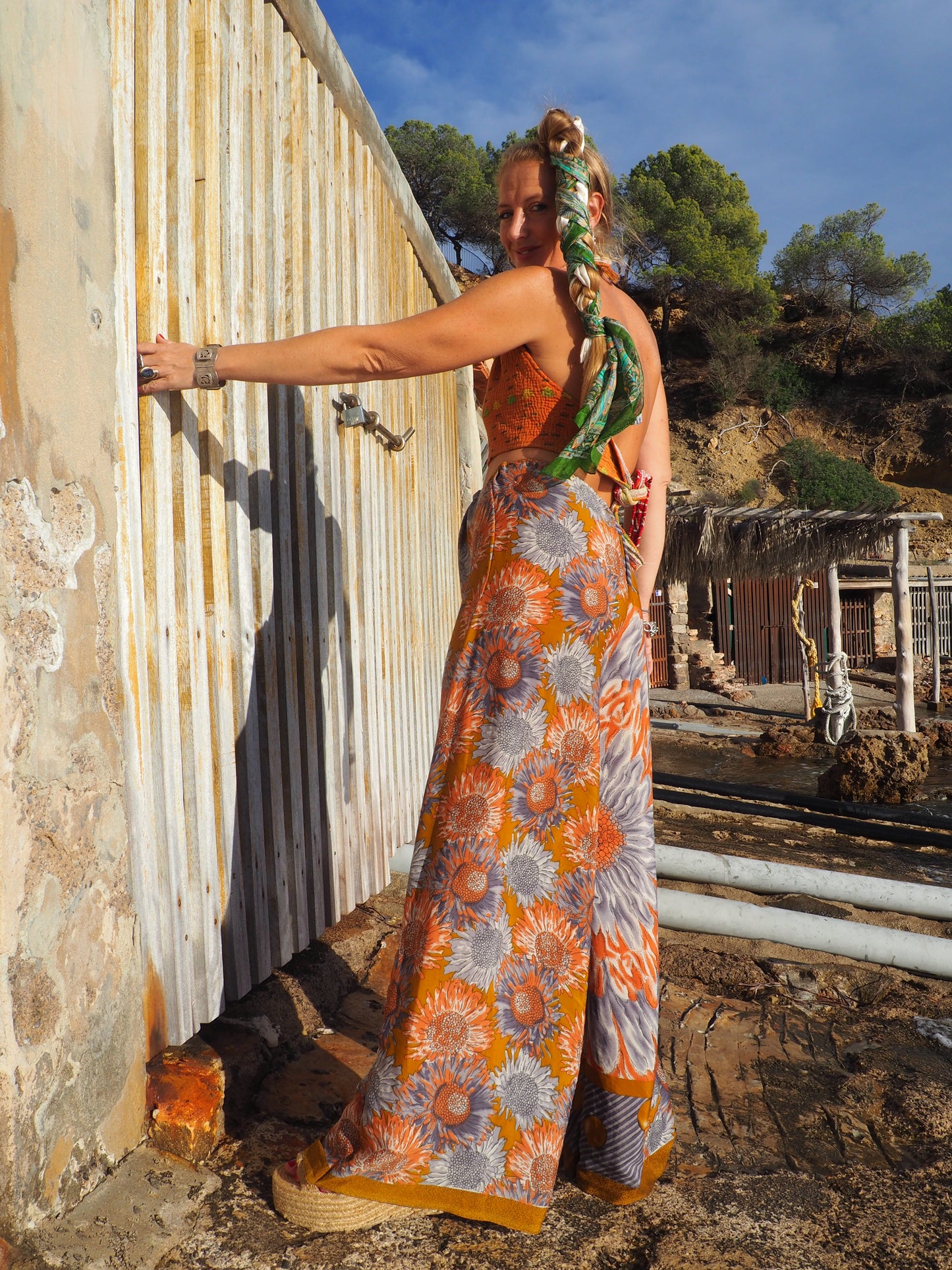 Wide leg pants with elastic waste made by vagabond Ibiza from vintage fabric off cuts