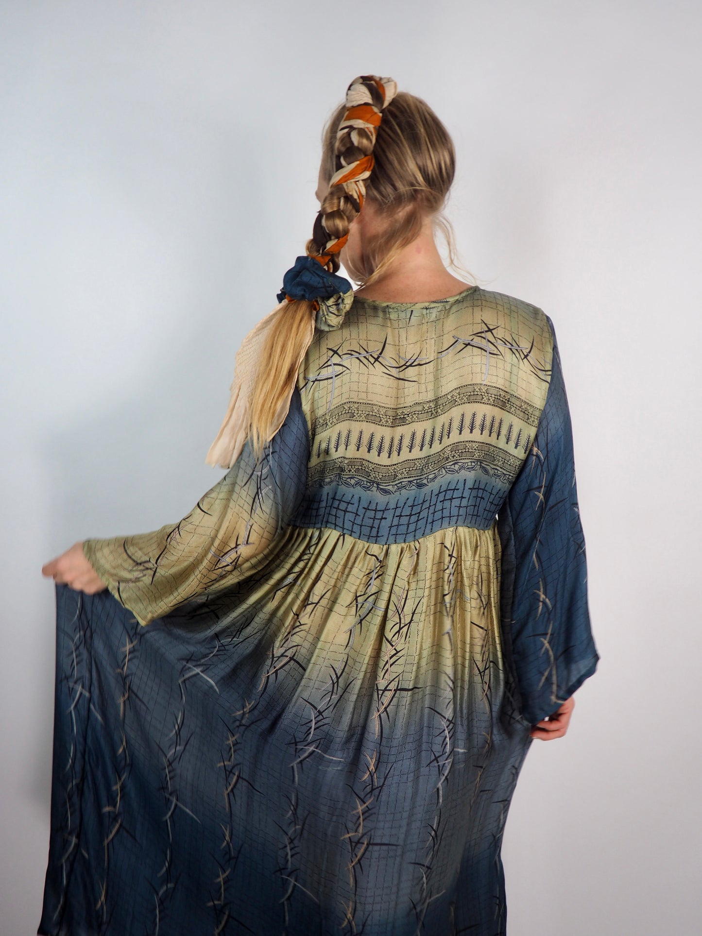 The Vadella Up-cycled Vintage Re-cycled Sari Maxi Dress – Sustainable Boho Dress with Tie Neck Detail + Matching Scrunchy & Bag