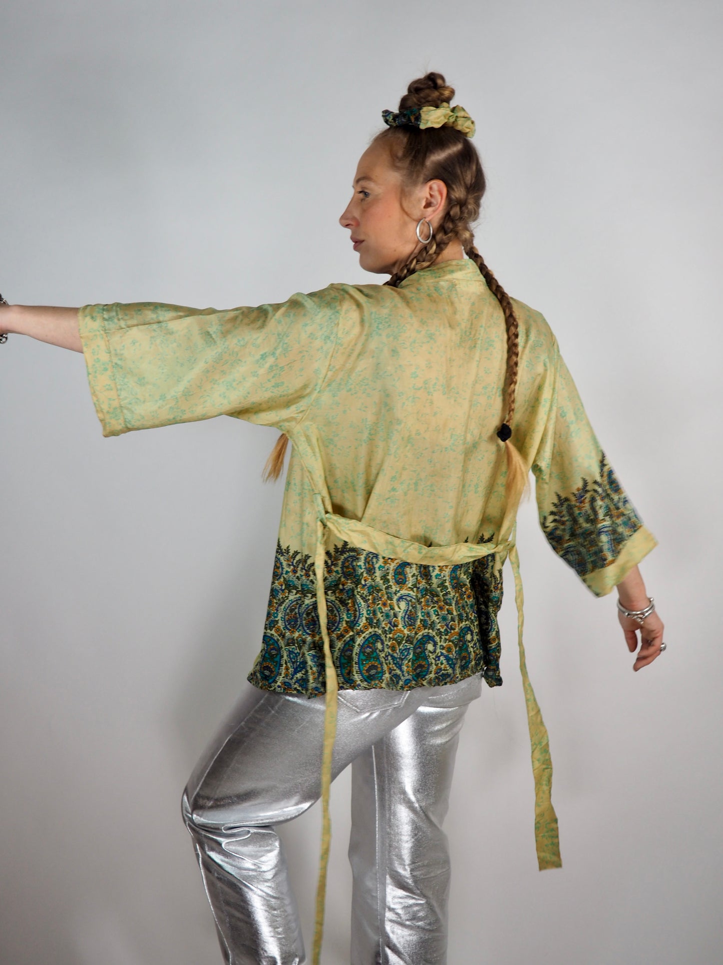 The Kardash Short Kimono – Vintage Re-cycled Sari Kimono Jacket with Waist Tie + Matching Scrunchy & Storage Bag