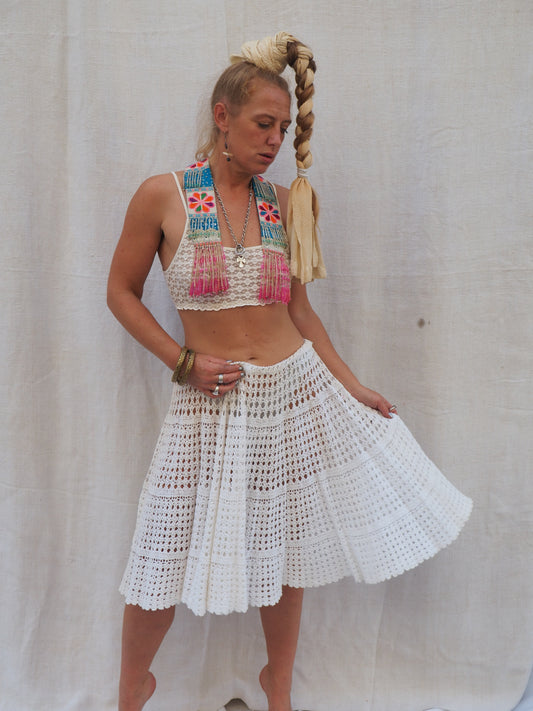 Up-cycled Vintage white Crochet Skirt – Handmade by Vagabond Ibiza