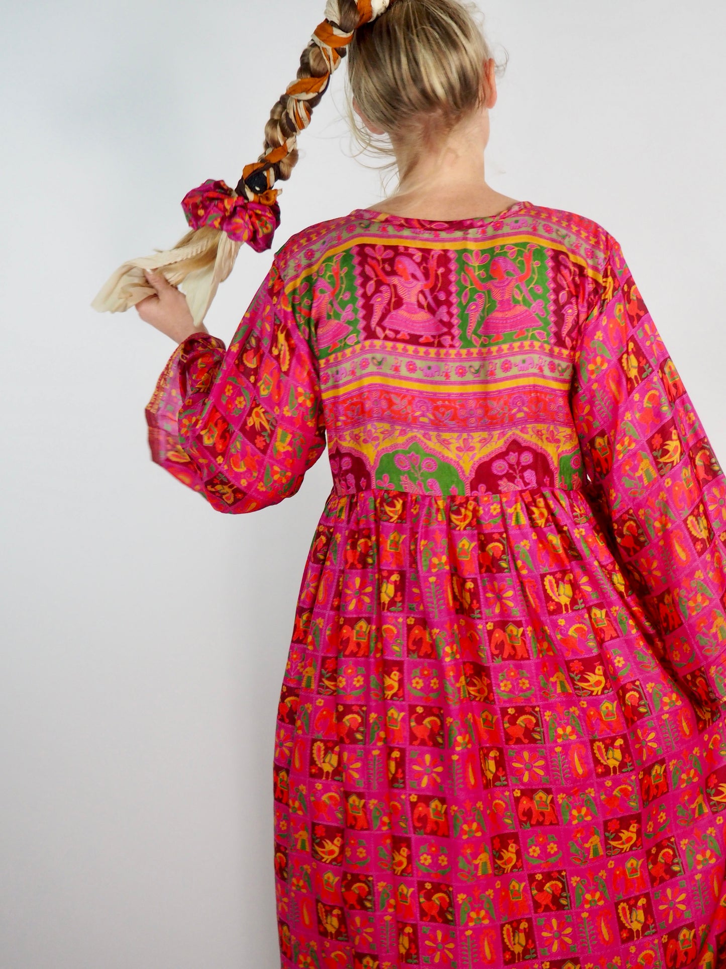 The Vadella Up-cycled Vintage Re-cycled Sari Maxi Dress – Sustainable Boho Dress with Tie Neck Detail + Matching Scrunchy & Bag