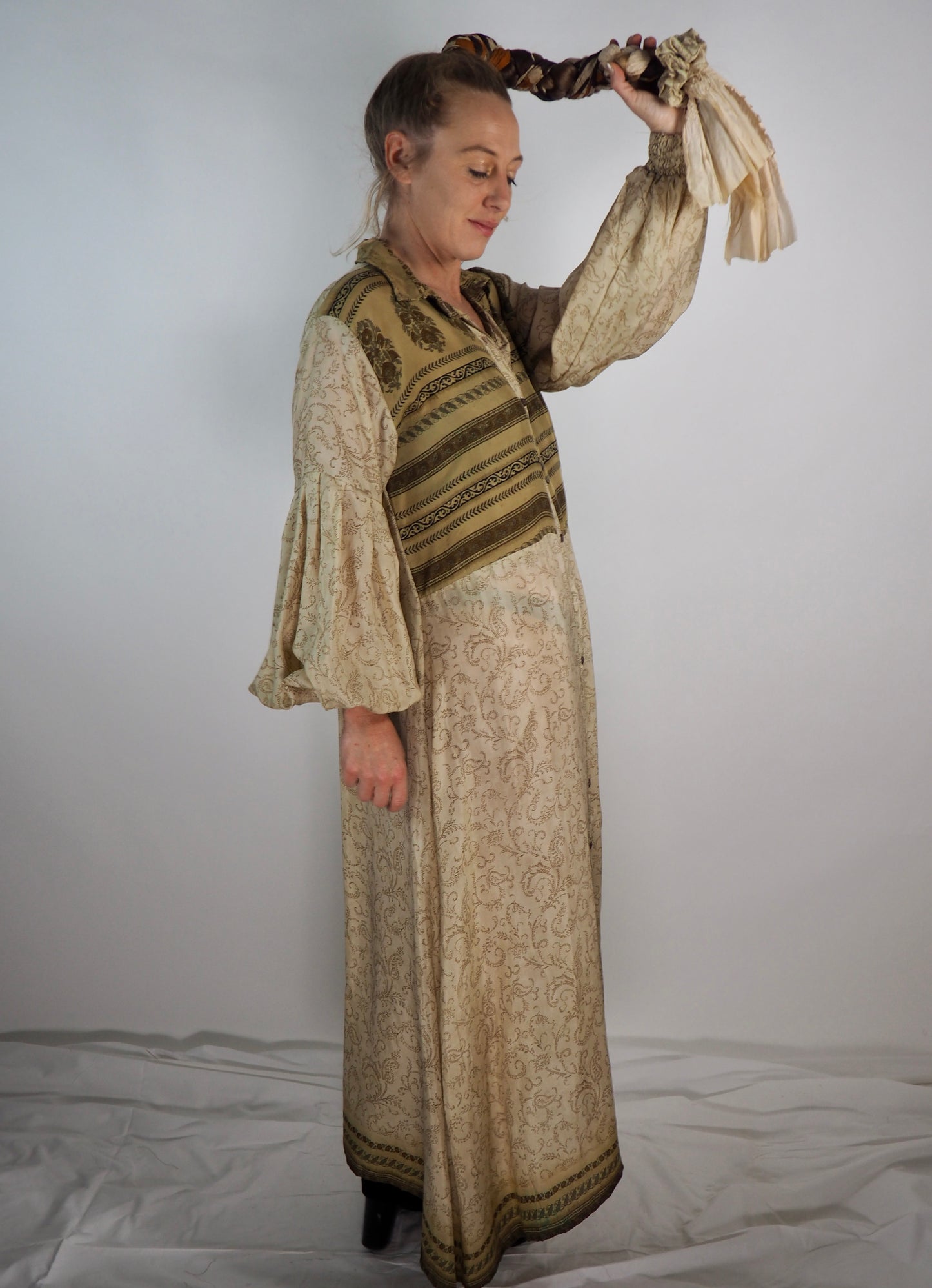 The Lenya Up-cycled Vintage Sari Dress – Sustainable Boho Dress with Oversized Sleeves Matching Scrunchy & Storage Bag