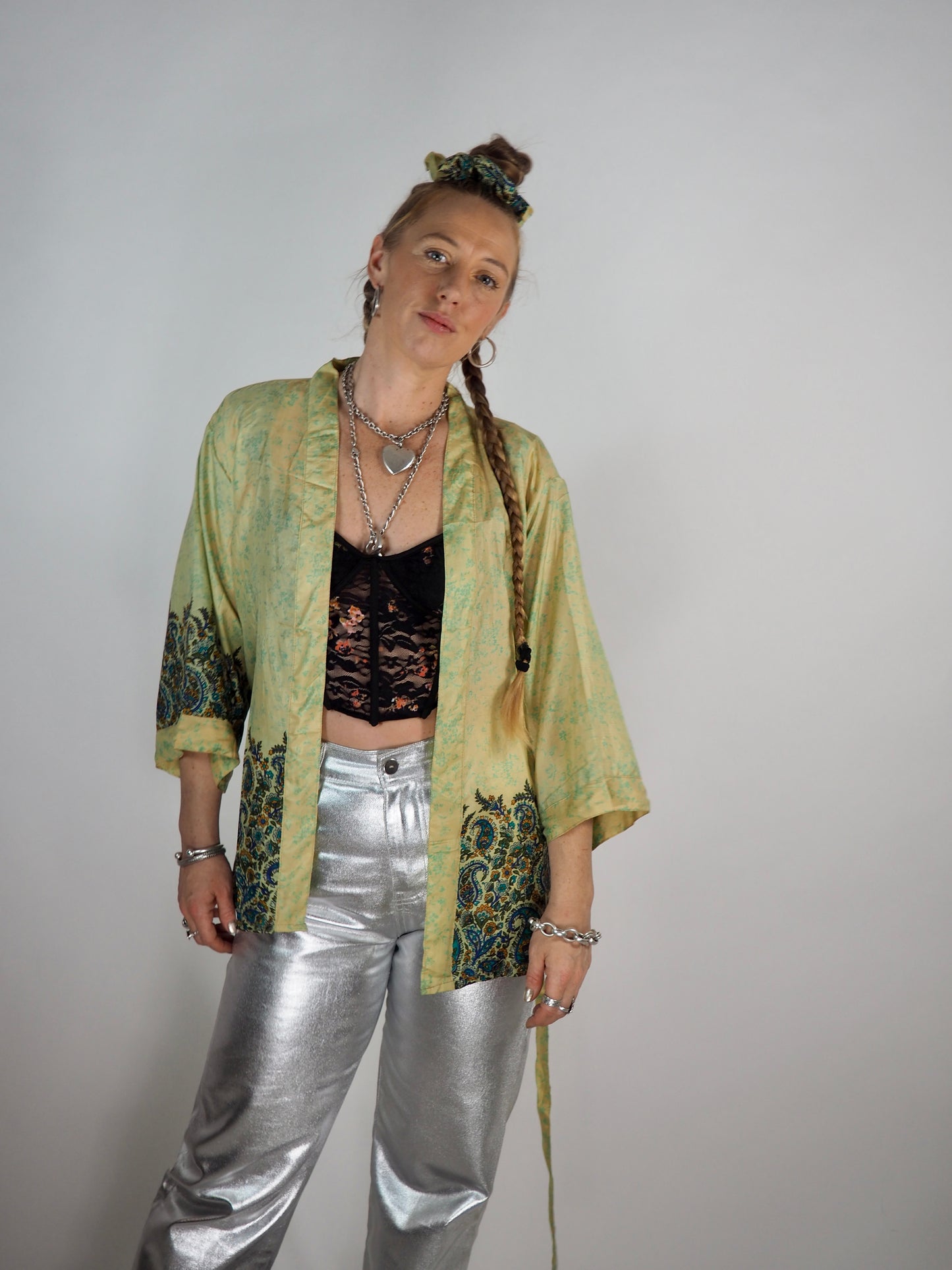 The Kardash Short Kimono – Vintage Re-cycled Sari Kimono Jacket with Waist Tie + Matching Scrunchy & Storage Bag