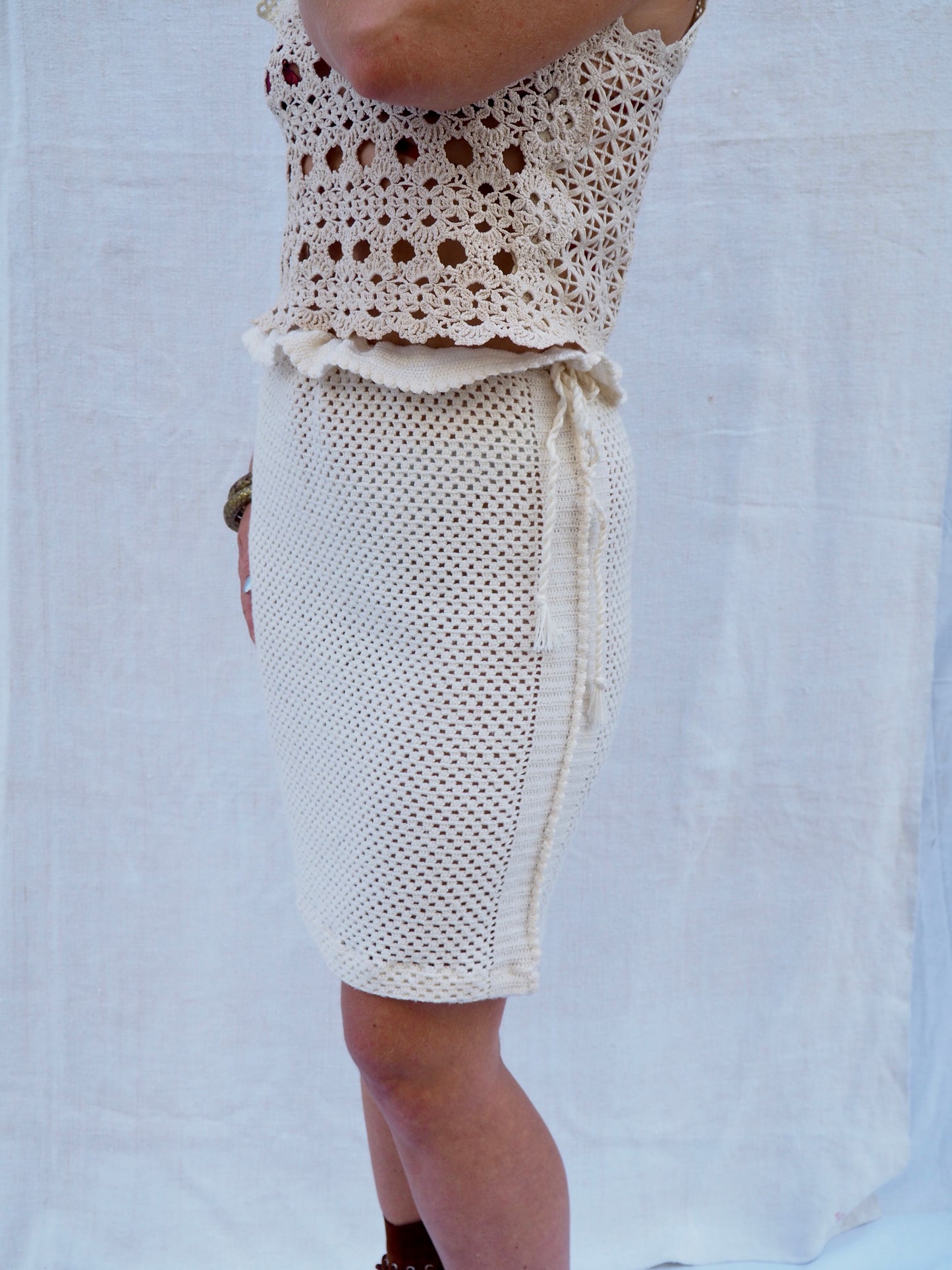 Up-cycled Vintage 1970s Crochet Skirt with Drawstring Waist – Handmade by Vagabond Ibiza