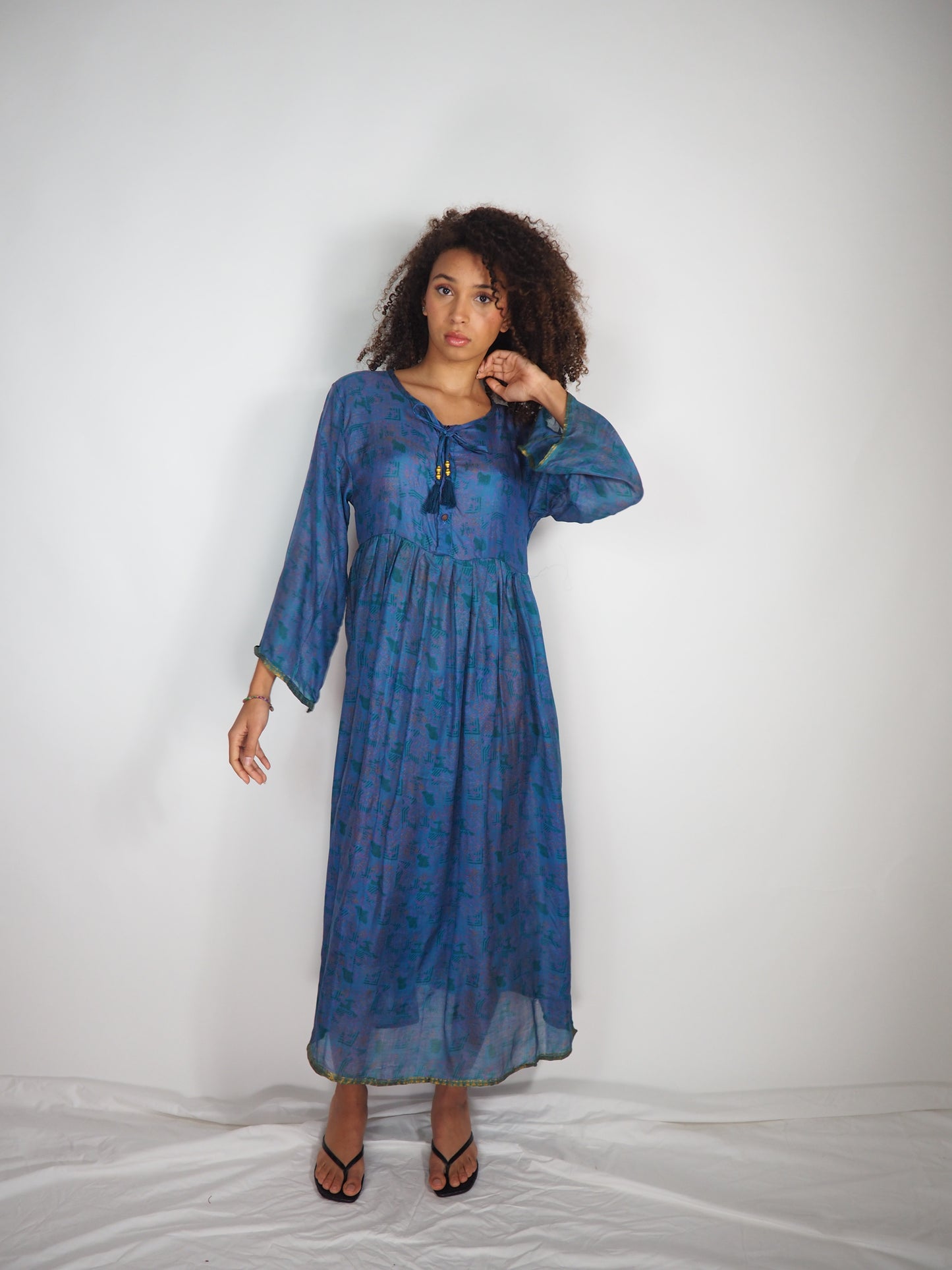 The Vadella Up-cycled Vintage Re-cycled Sari Maxi Dress – Sustainable Boho Dress with Tie Neck Detail + Matching Scrunchy & Bag