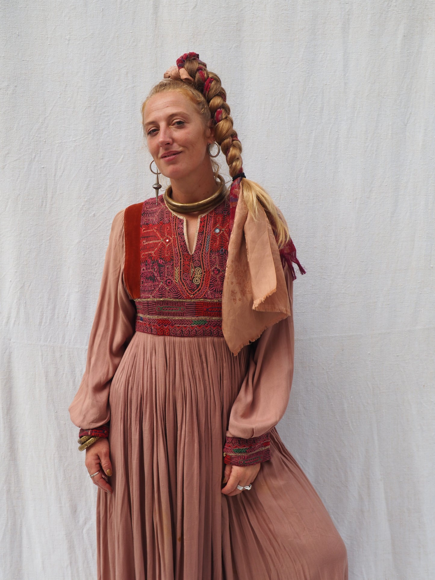 Vintage 1970s Afghan Dress with Hand Embroidery and Suede Panels