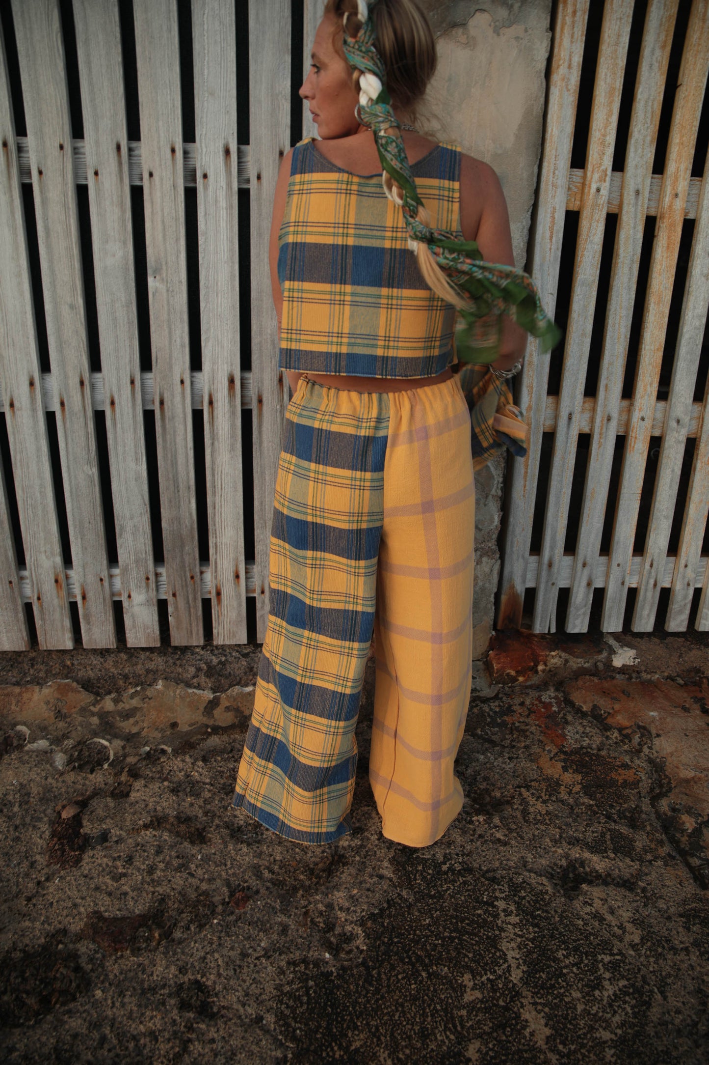 Up-cycled vintage cotton 3 piece set top and pants and short jackets set made from vintage textiles patch together with a yellow and blue checked design.