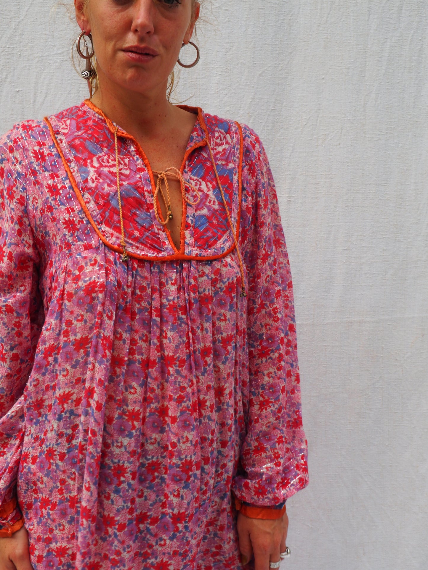 Vintage Original 1970’s rare Indian fine cotton block printed floral dress in pink