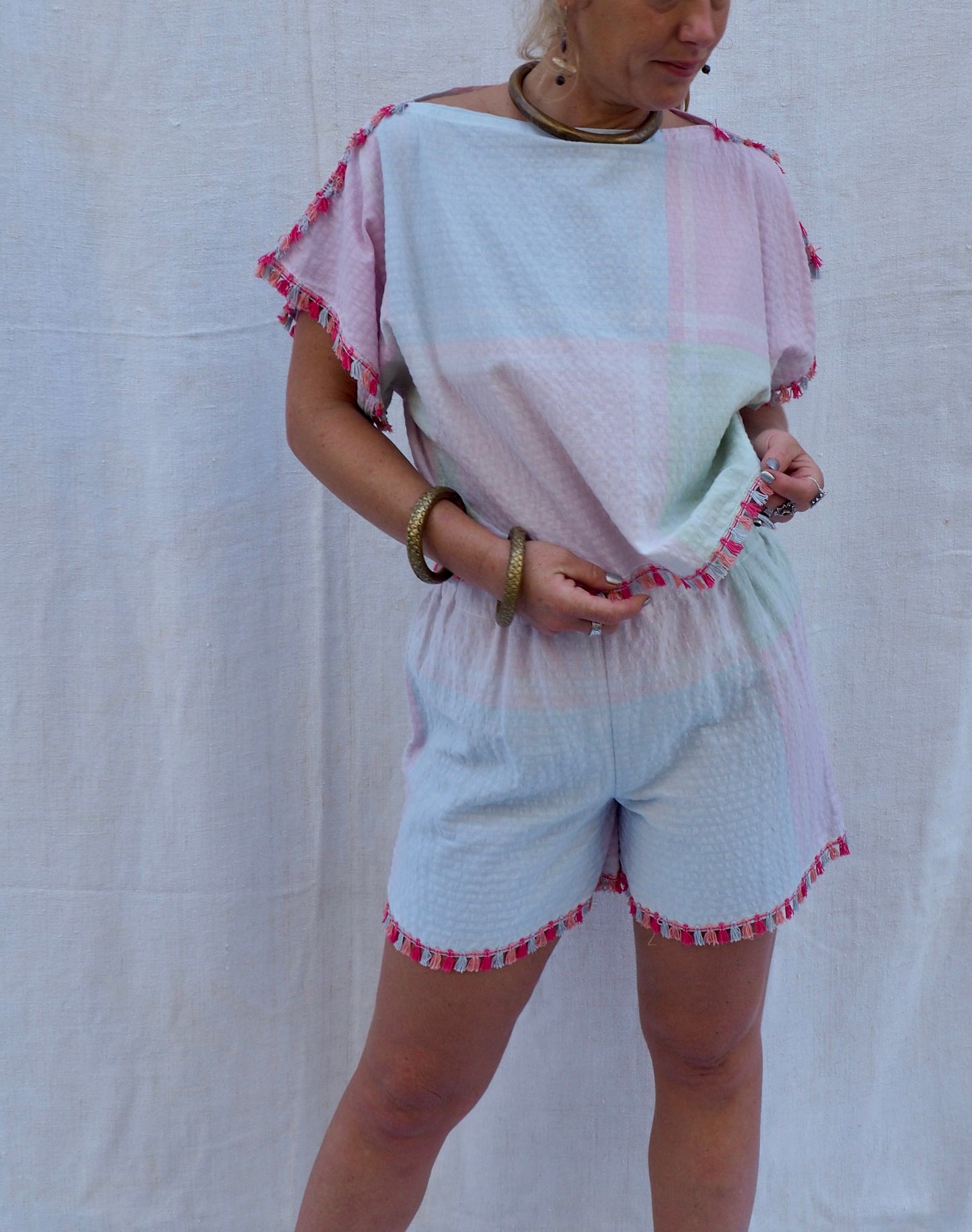 Up-cycled Vintage Cotton Two-Piece Set with Pom-Pom Trim – Handmade by Vagabond Ibiza