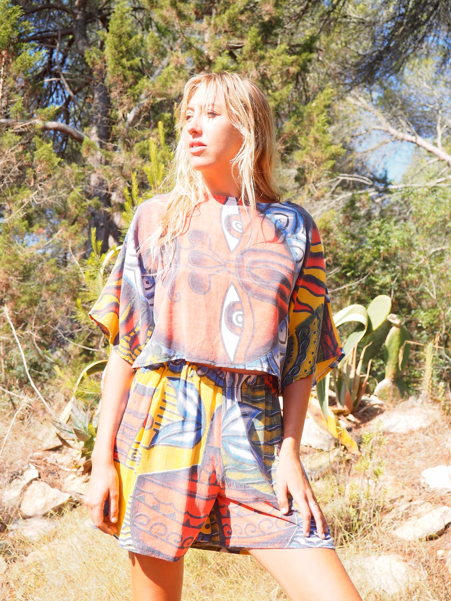 Up-cycled cotton Top with face red blue and yellow print up-cycled by Vagabond Ibiza