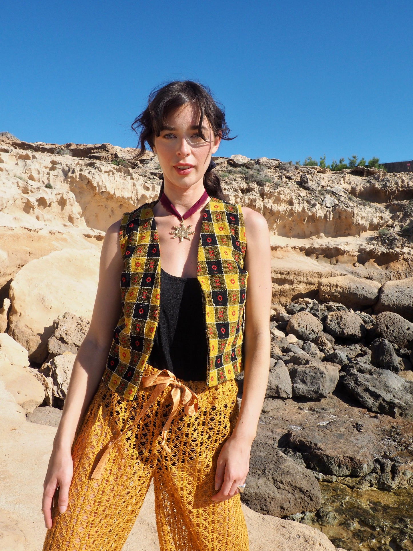 Small Cropped Waistcoat in Mustard Yellow, Black, and Red - Upcycled Vintage Textiles Made by Vagabond Ibiza