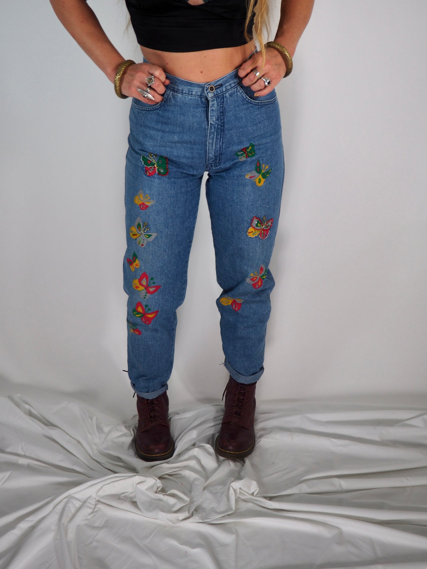 Vintage 1980s Hand-Painted and Beaded Denim Jeans