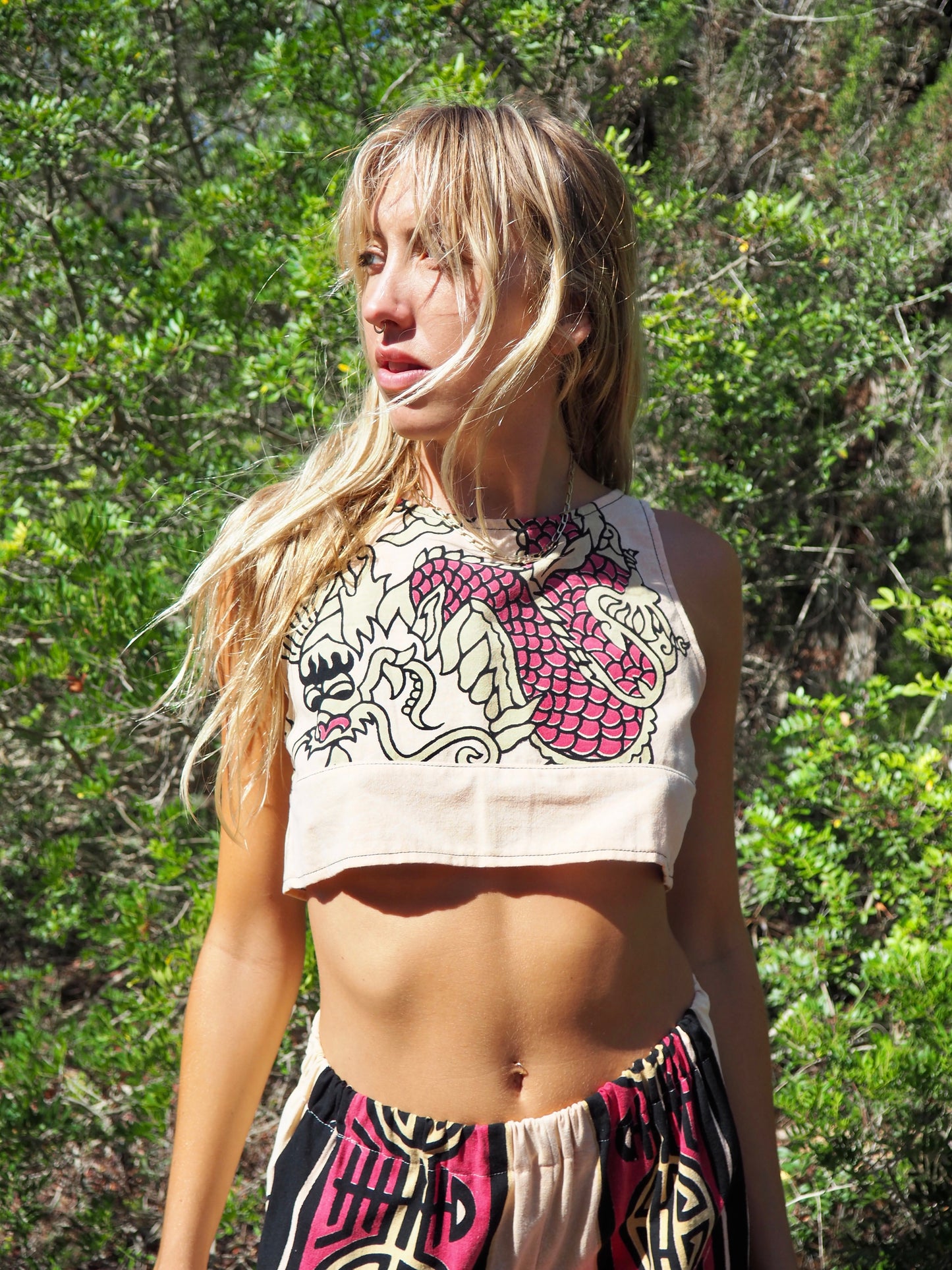 Up-cycled cotton Crop top only pants also available with dragon design by Vagabond Ibiza made