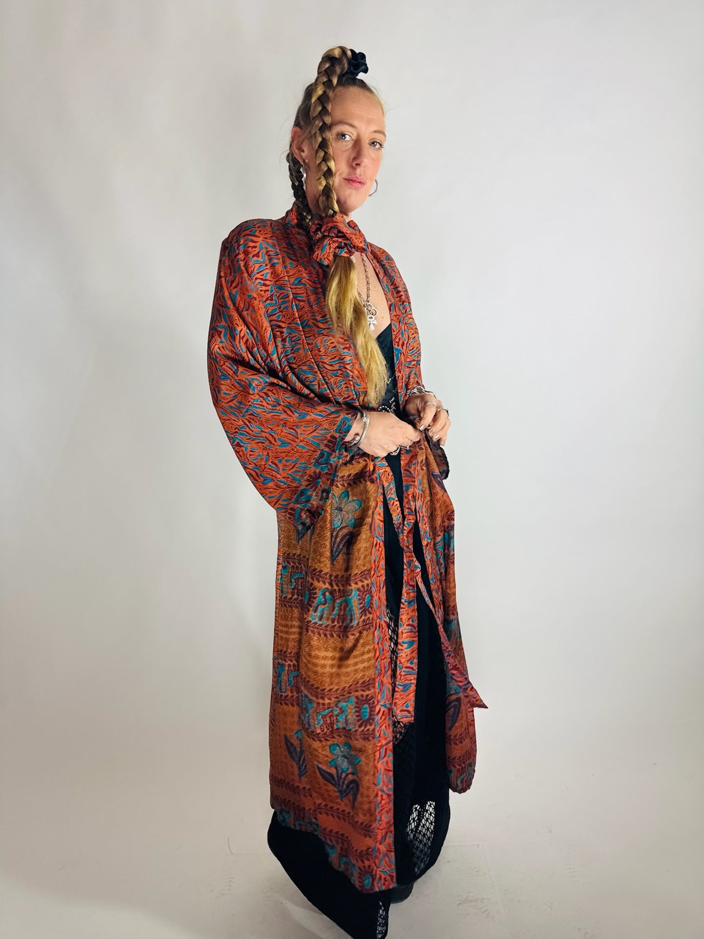 The Kardash Long Kimono – Up-cycled Vintage Sari long Kimono Robe with Waist Tie + Matching Scrunchy & Storage Bag