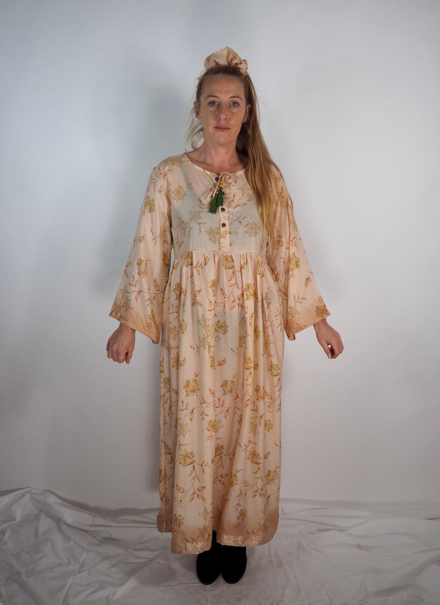 The Vadella Up-cycled Vintage Re-cycled Sari Maxi Dress – Sustainable Boho Dress with Tie Neck Detail + Matching Scrunchy & Bag