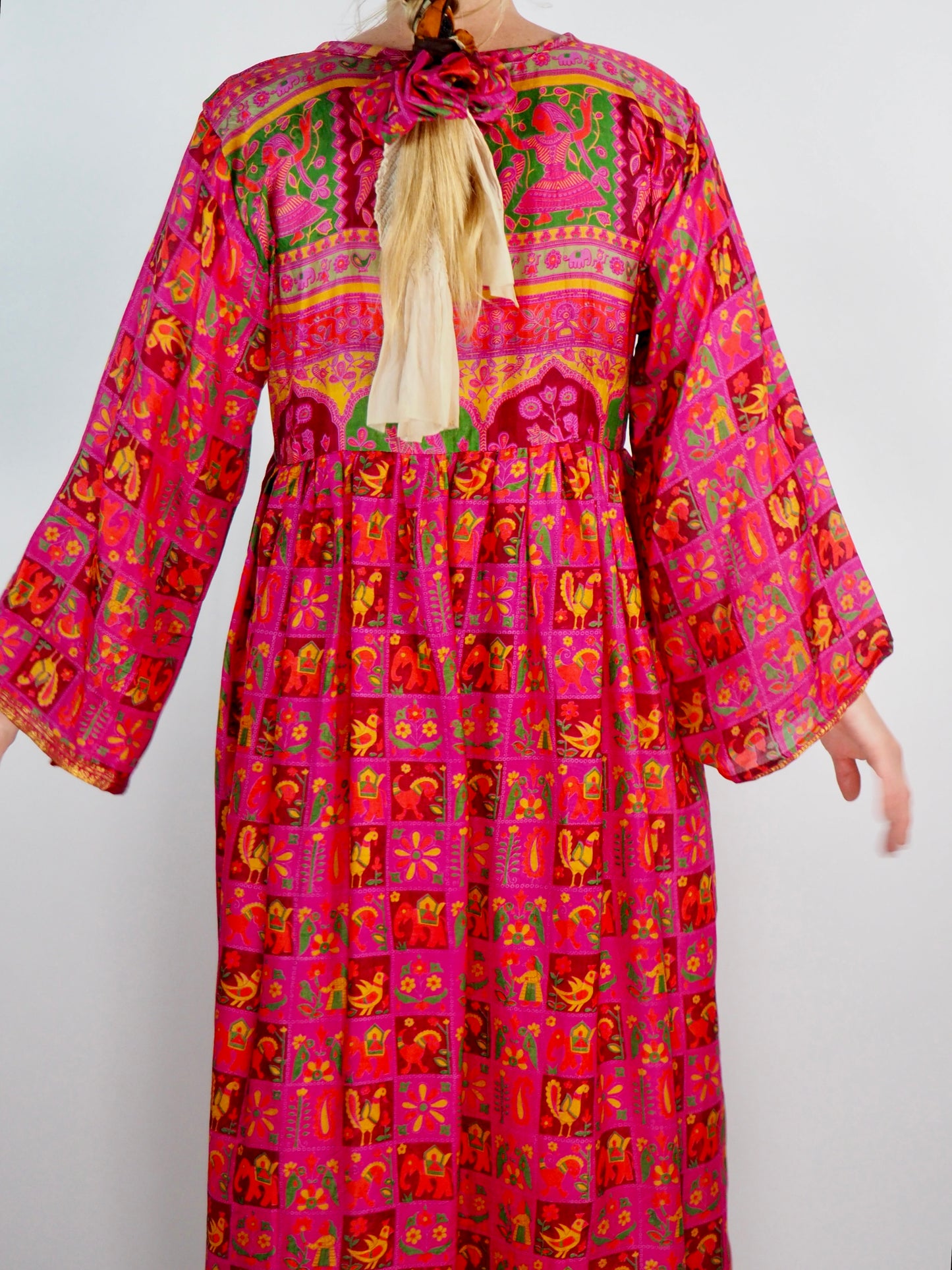 The Vadella Up-cycled Vintage Re-cycled Sari Maxi Dress – Sustainable Boho Dress with Tie Neck Detail + Matching Scrunchy & Bag