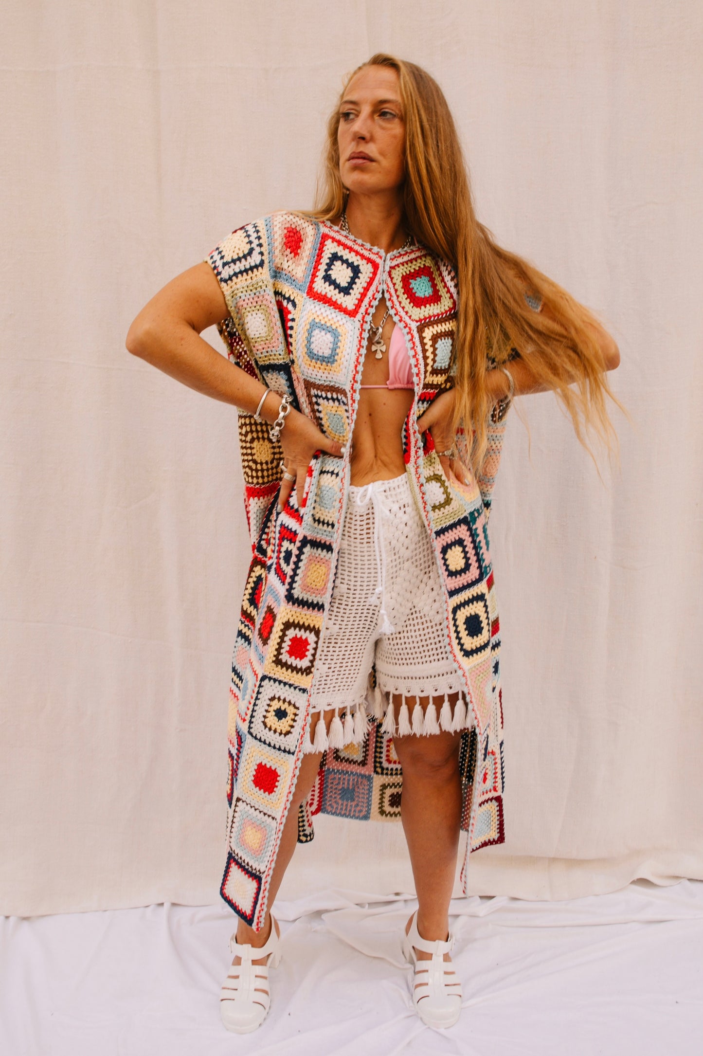 Vintage 1970s Granny Square Crochet blanket jacket waistcoat up-cycled by Vagabond Ibiza