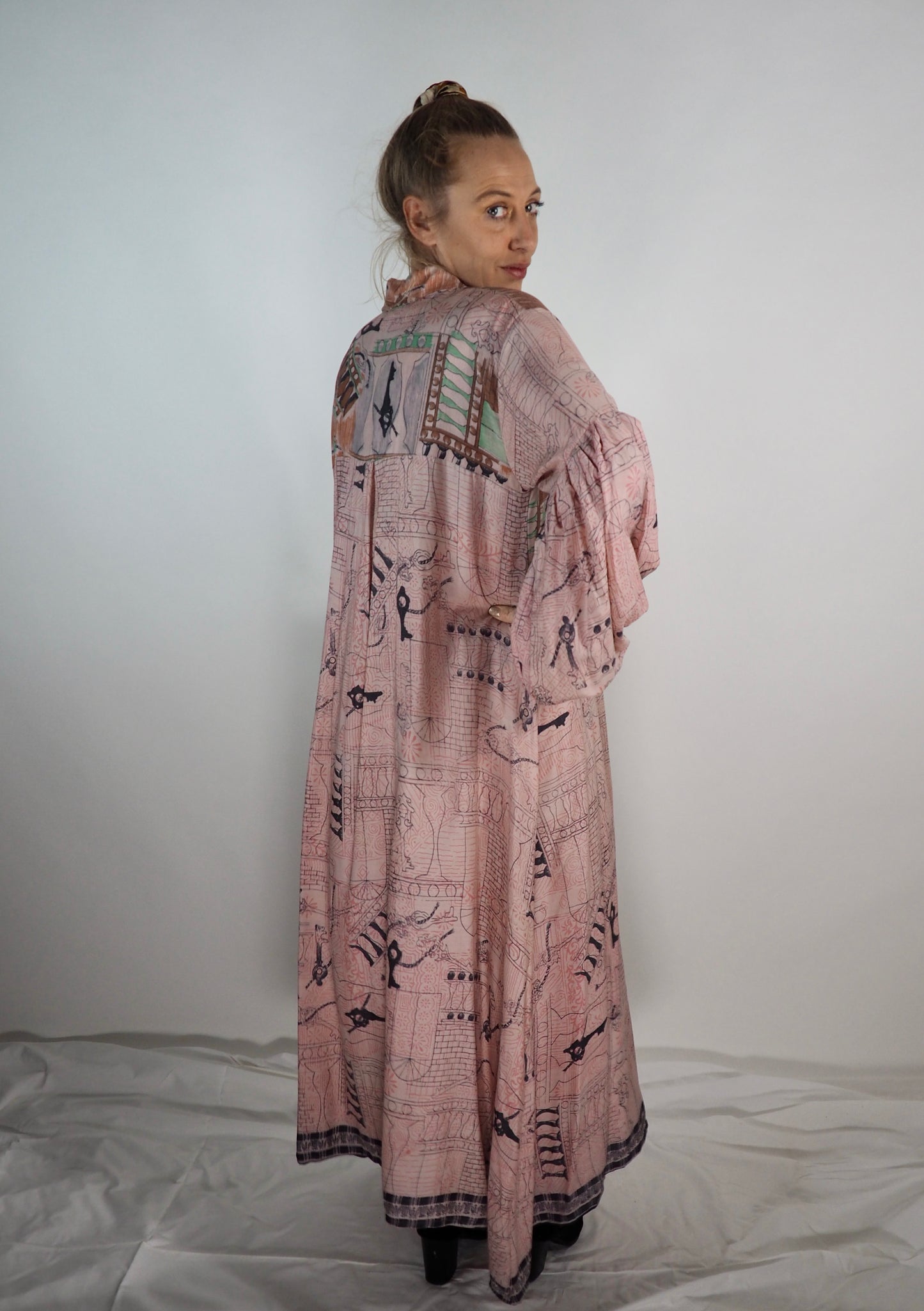 The Lenya Up-cycled Vintage Sari Dress – Sustainable Boho Dress with Oversized Sleeves Matching Scrunchy & Storage Bag