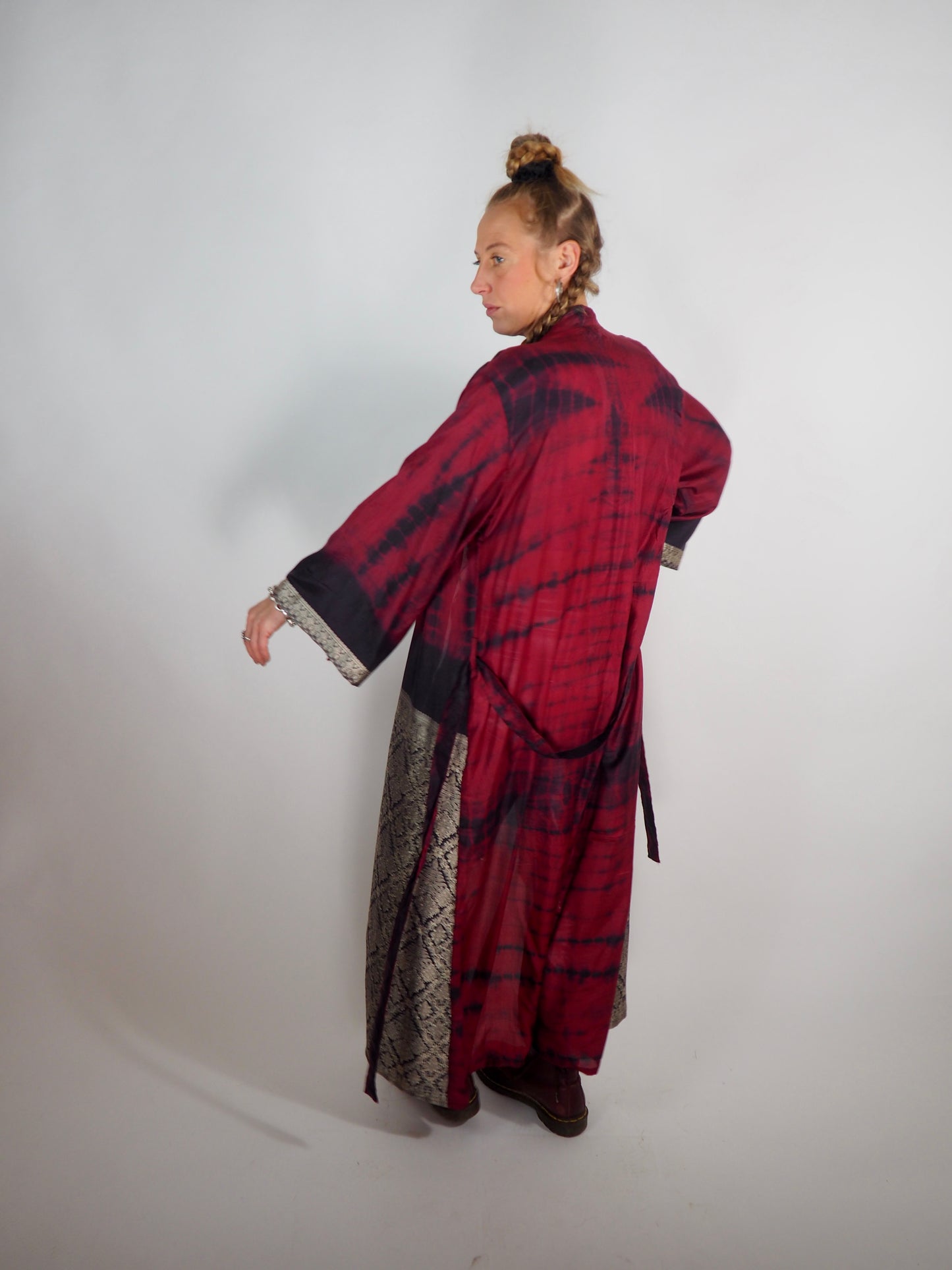 The Kardash Long Kimono – Up-cycled Vintage Sari long Kimono Robe with Waist Tie + Matching Scrunchy & Storage Bag