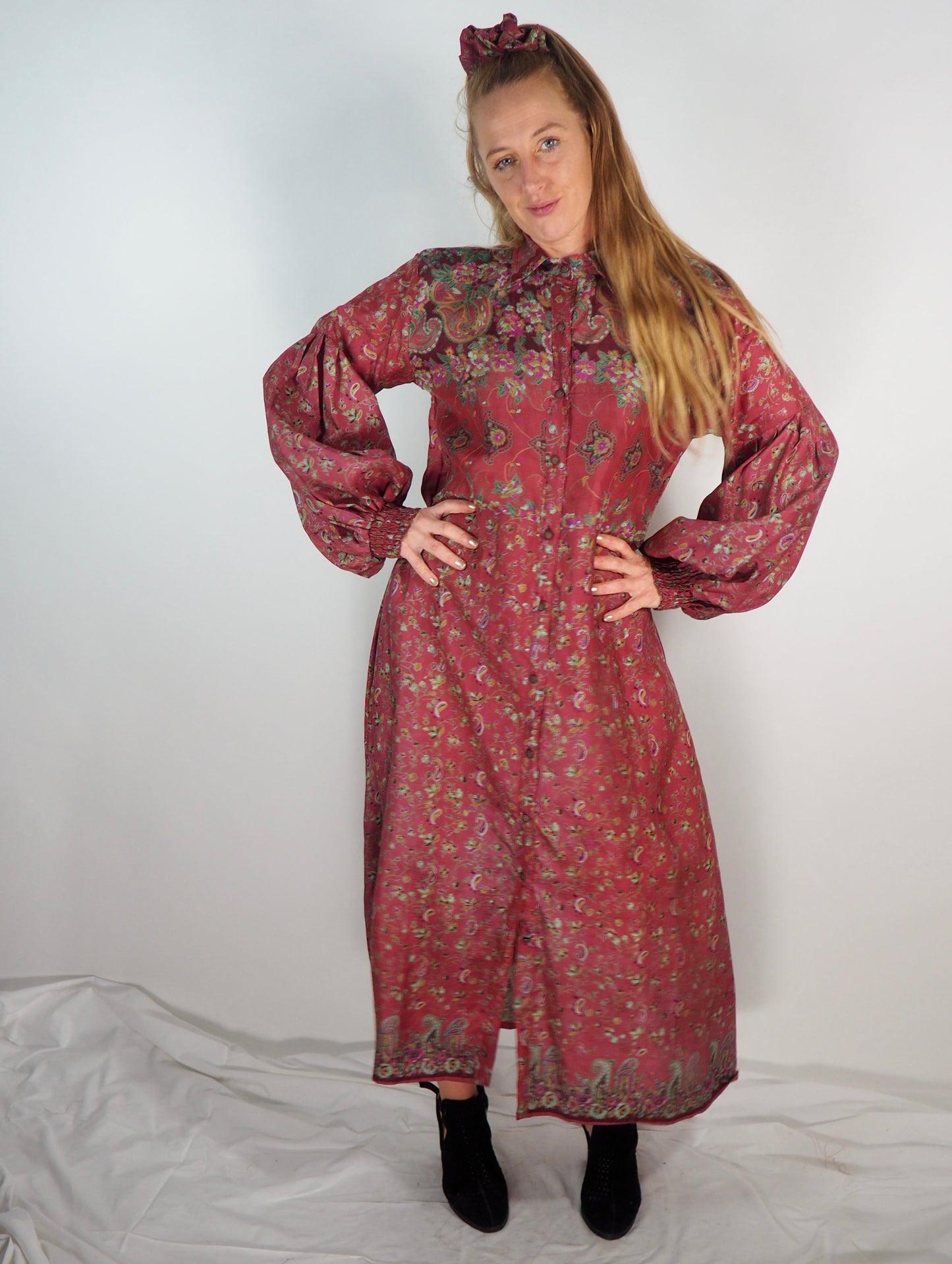 The Lenya Up-cycled Vintage Sari Dress – Sustainable Boho Dress with Oversized Sleeves Matching Scrunchy & Storage Bag