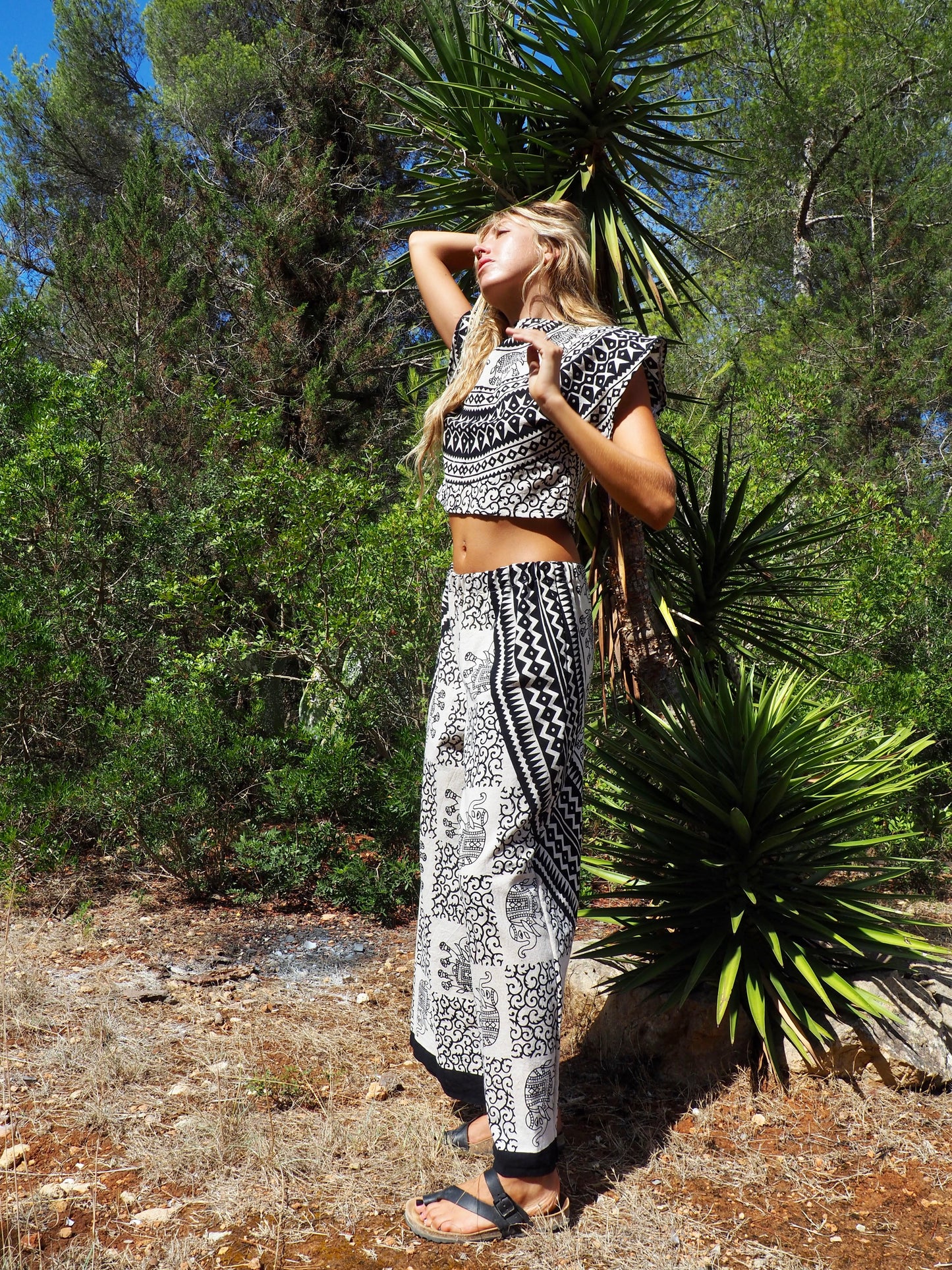 Up-cycled cotton black and cream printed wide leg pants by Vagabond Ibiza