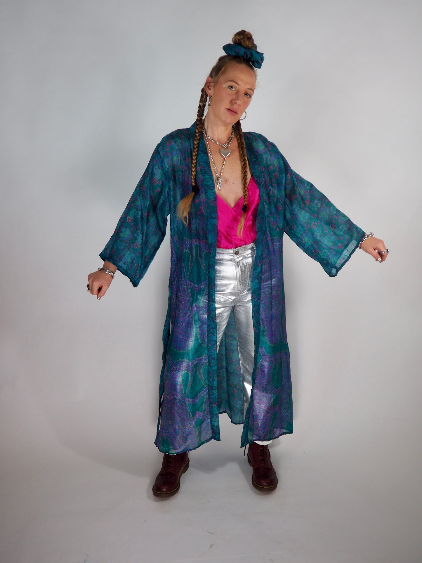 The Kardash Long Kimono – Up-cycled Vintage Sari long Kimono Robe with Waist Tie + Matching Scrunchy & Storage Bag