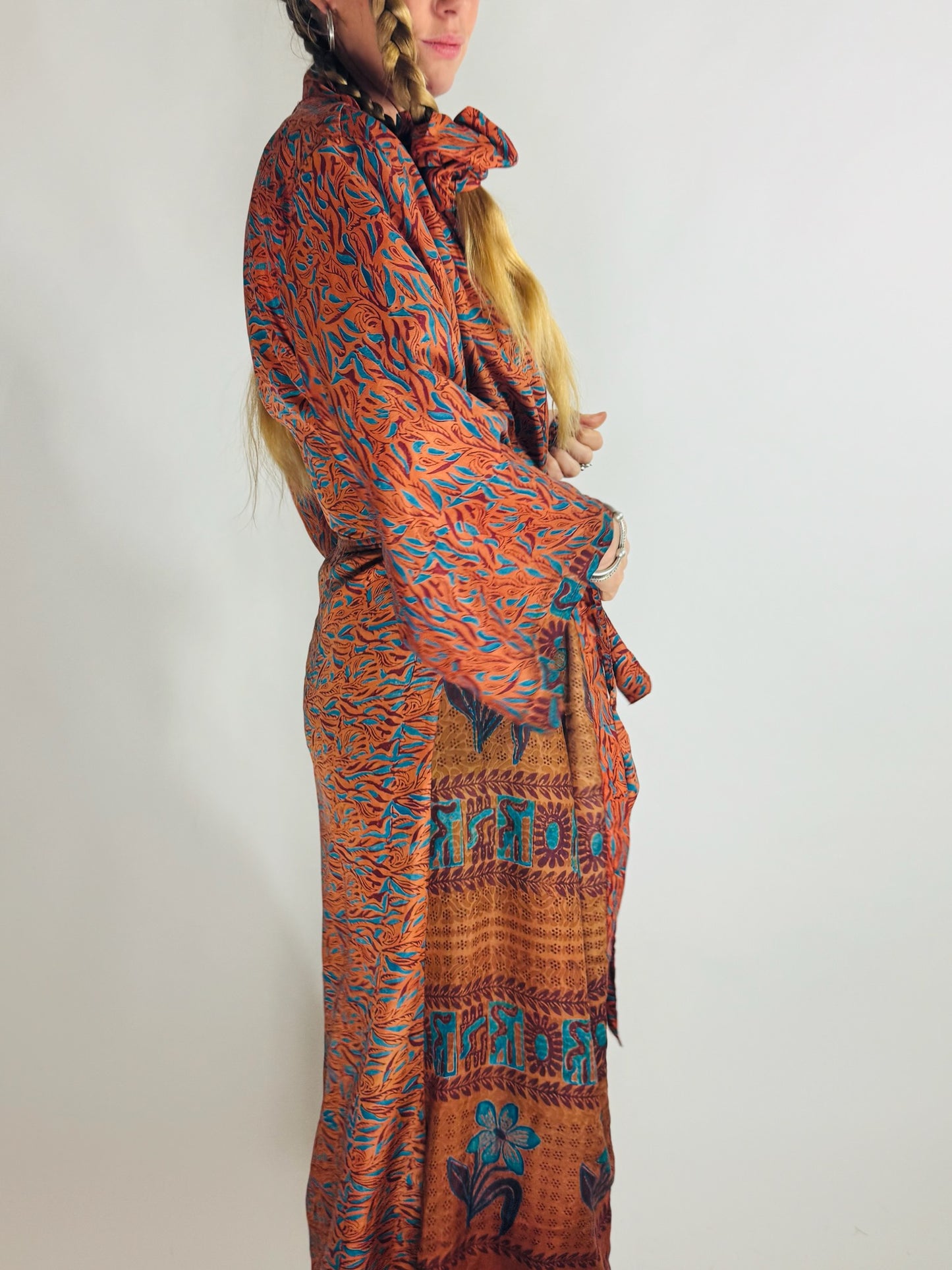 The Kardash Long Kimono – Up-cycled Vintage Sari long Kimono Robe with Waist Tie + Matching Scrunchy & Storage Bag