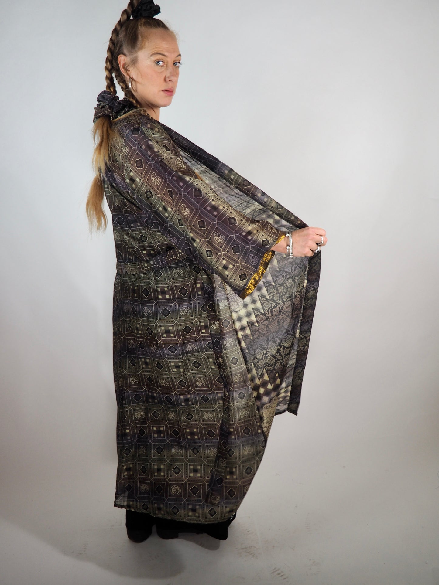 The Kardash Long Kimono – Up-cycled Vintage Sari long Kimono Robe with Waist Tie + Matching Scrunchy & Storage Bag