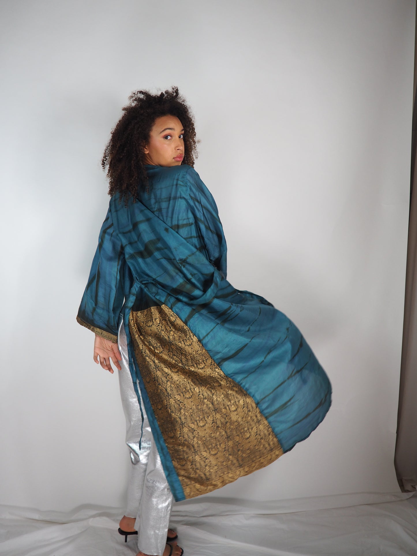 The Kardash Long Kimono – Up-cycled Vintage Sari long Kimono Robe with Waist Tie + Matching Scrunchy & Storage Bag