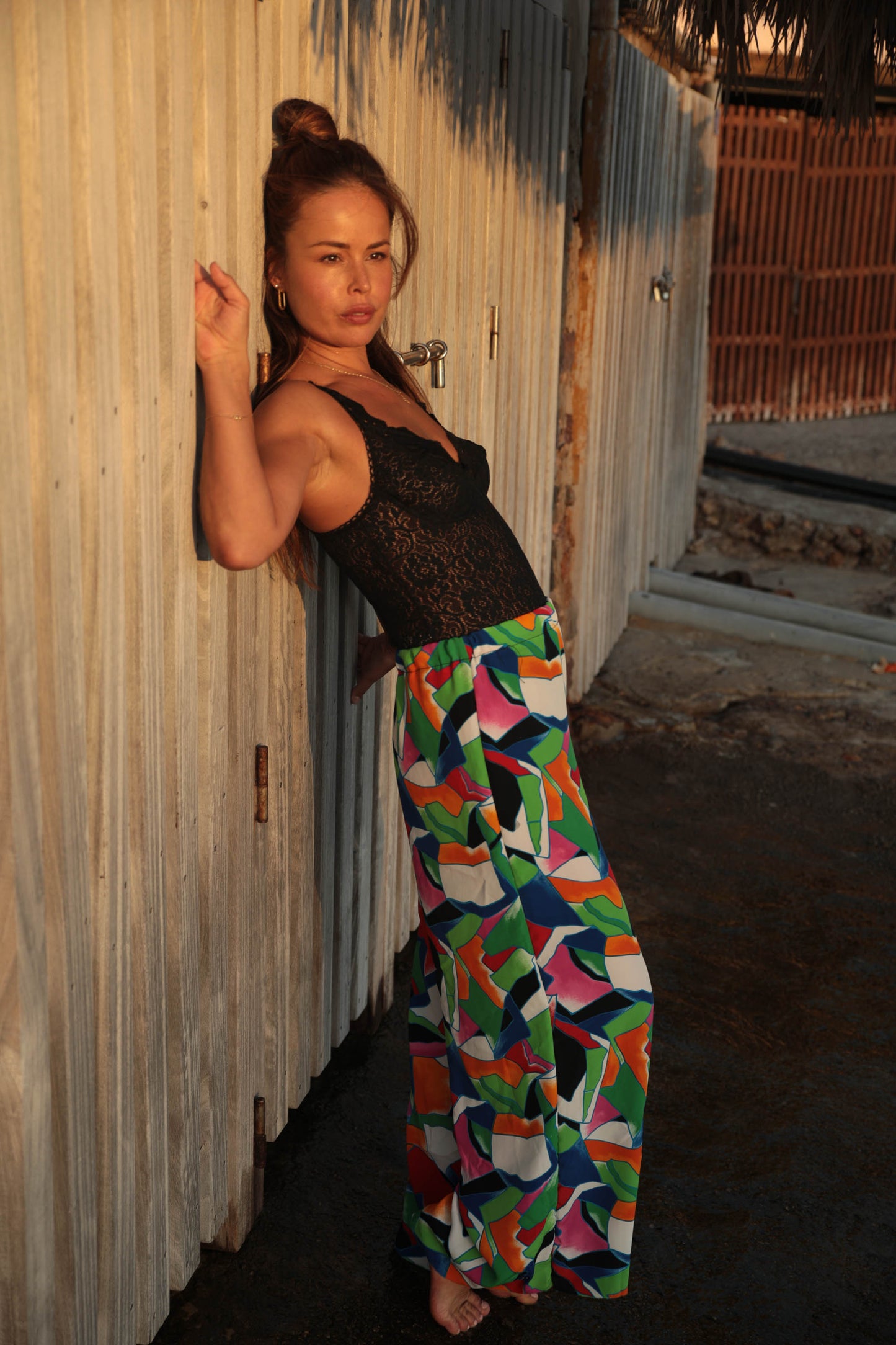 Up-cycled vintage colourful printed wide leg pants made by Vagabond Ibiza with elasticated waist