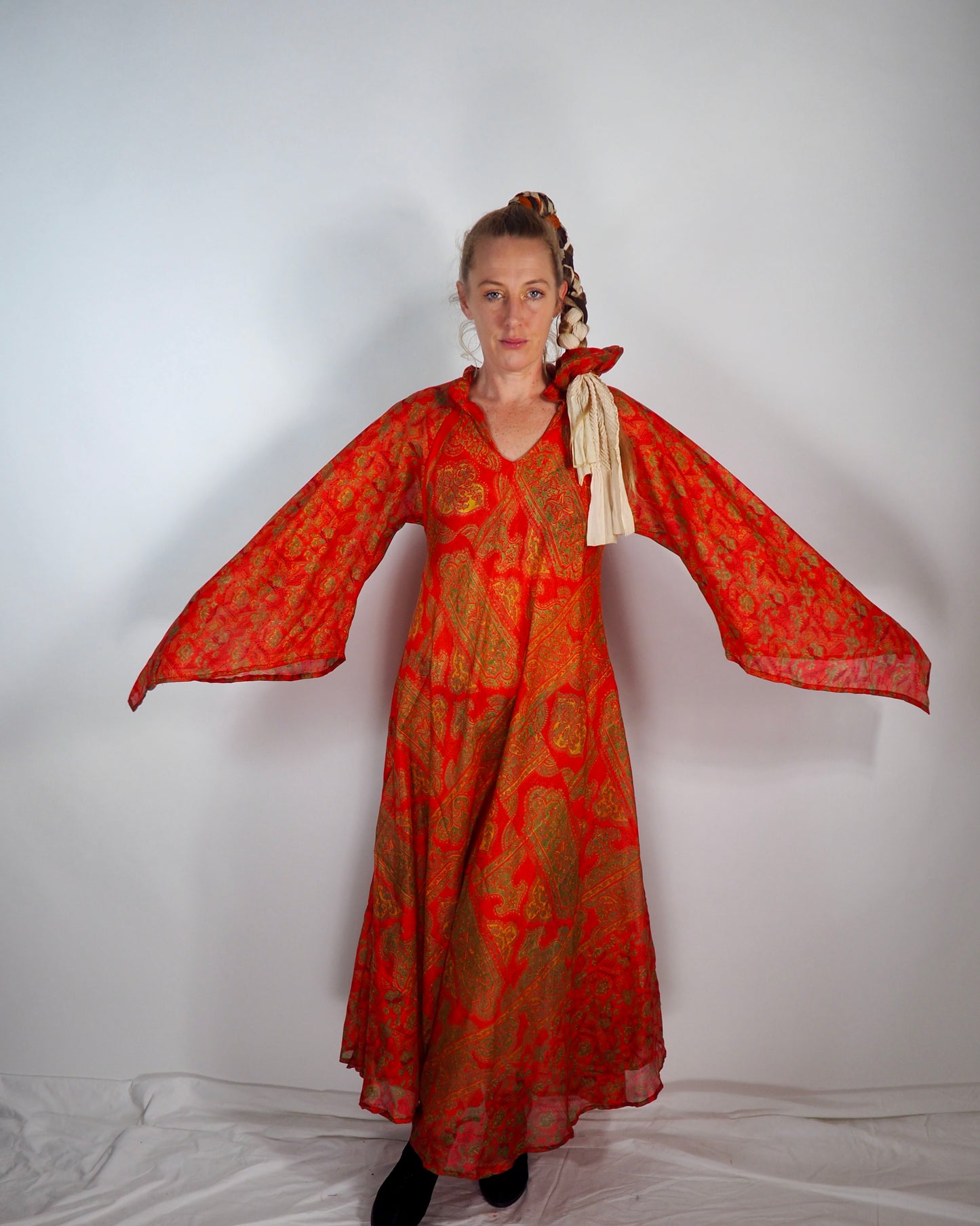 The Diamond Bias-Cut Maxi Dress – Up-cycled Vintage Sari Sustainable Dress with angel Sleeves + Matching Scrunchy & Bag