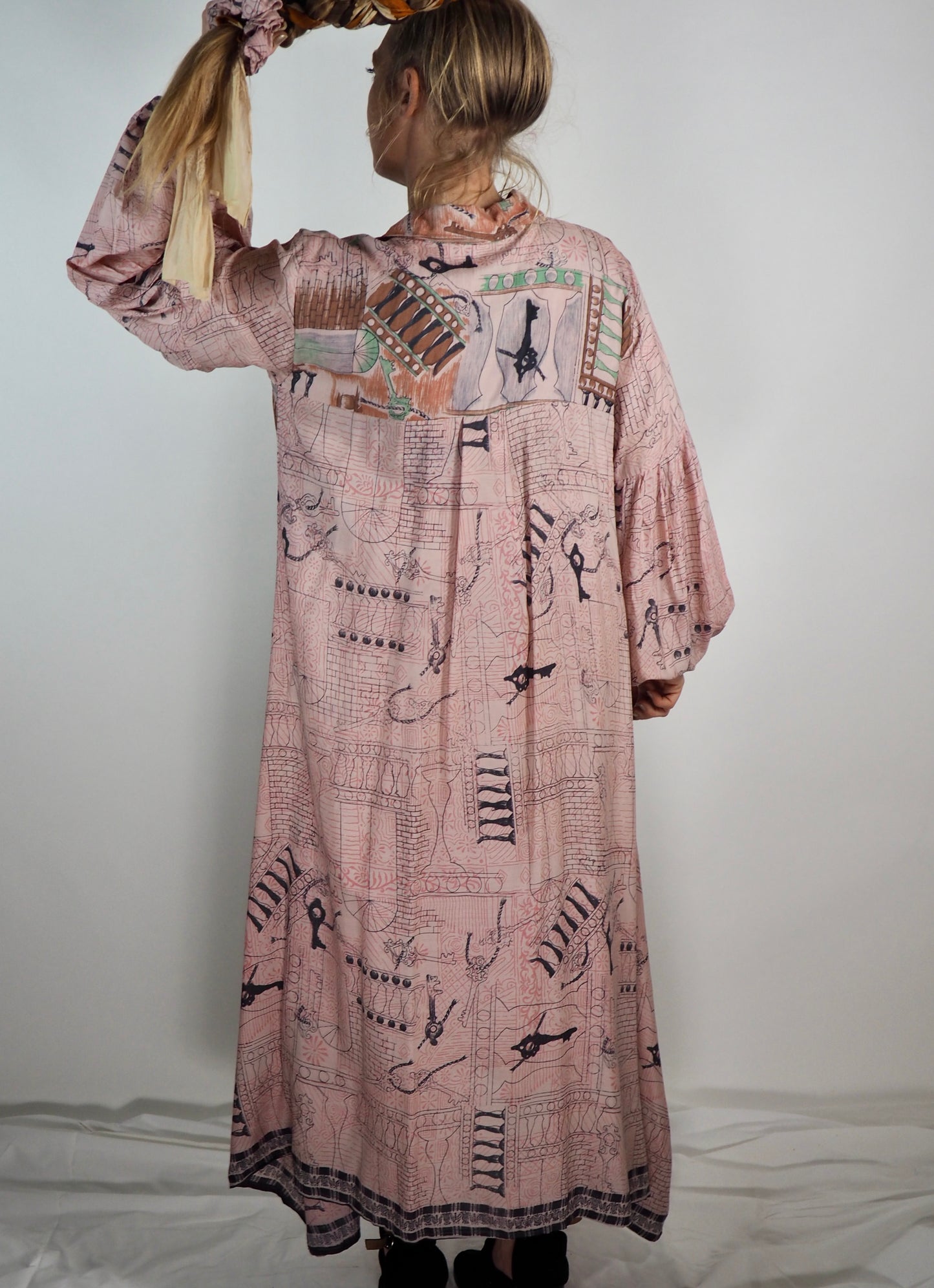 The Lenya Up-cycled Vintage Sari Dress – Sustainable Boho Dress with Oversized Sleeves Matching Scrunchy & Storage Bag