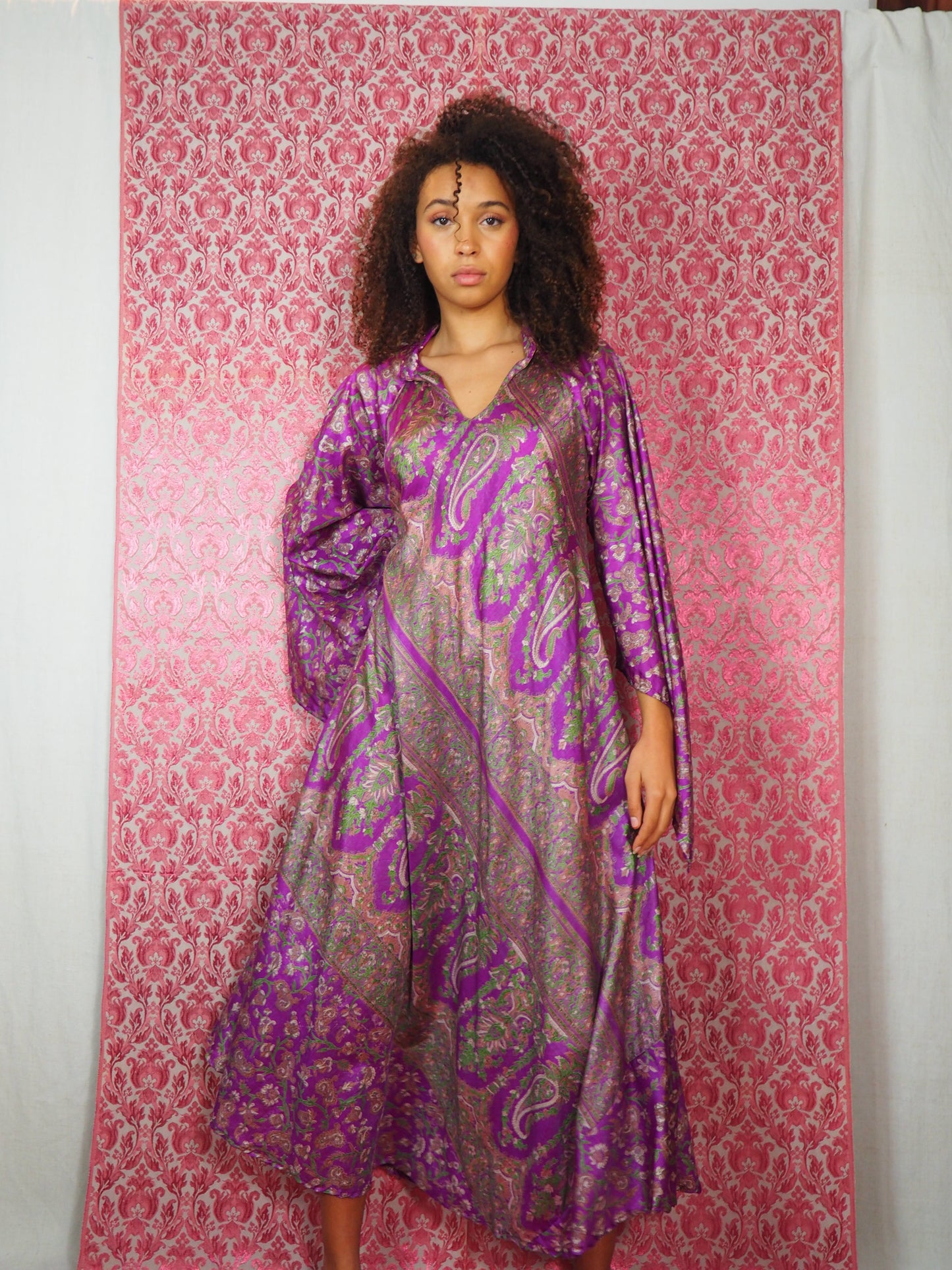 The Diamond Bias-Cut Maxi Dress – Up-cycled Vintage Sari Sustainable Dress with angel Sleeves + Matching Scrunchy & Bag