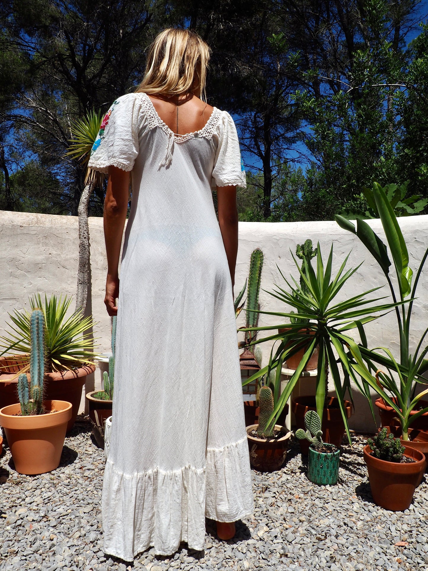 Original vintage 1970’s super fine cotton bohemian maxi dress with hand embroidered and cut out crochet details