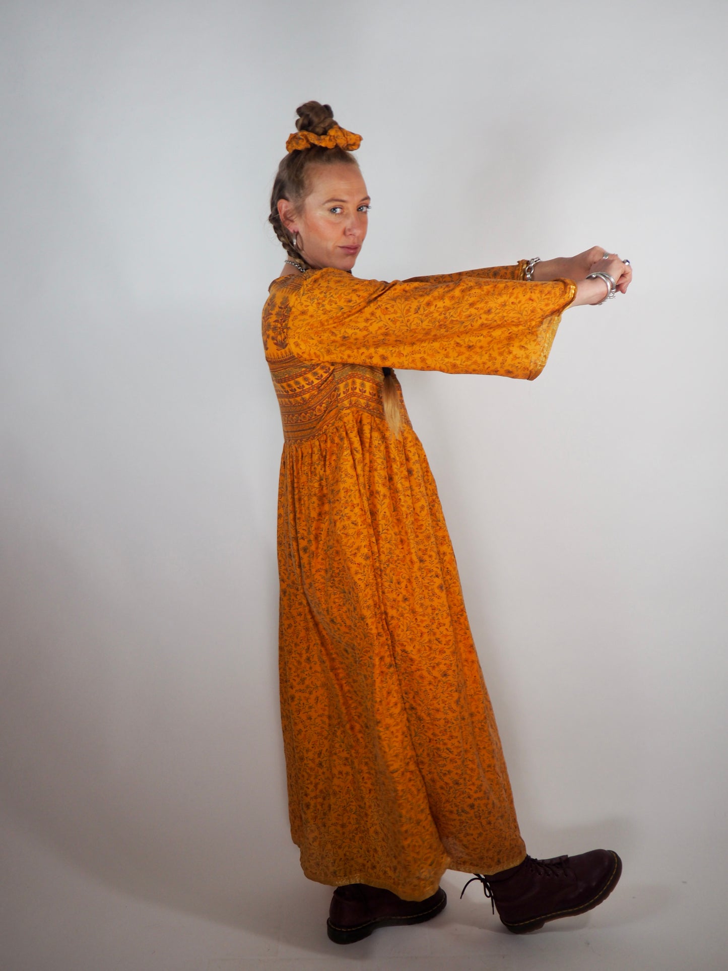 The Vadella Up-cycled Vintage Re-cycled Sari Maxi Dress – Sustainable Boho Dress with Tie Neck Detail + Matching Scrunchy & Bag