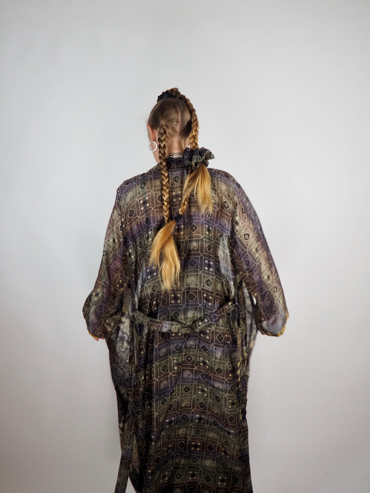 The Kardash Long Kimono – Up-cycled Vintage Sari long Kimono Robe with Waist Tie + Matching Scrunchy & Storage Bag