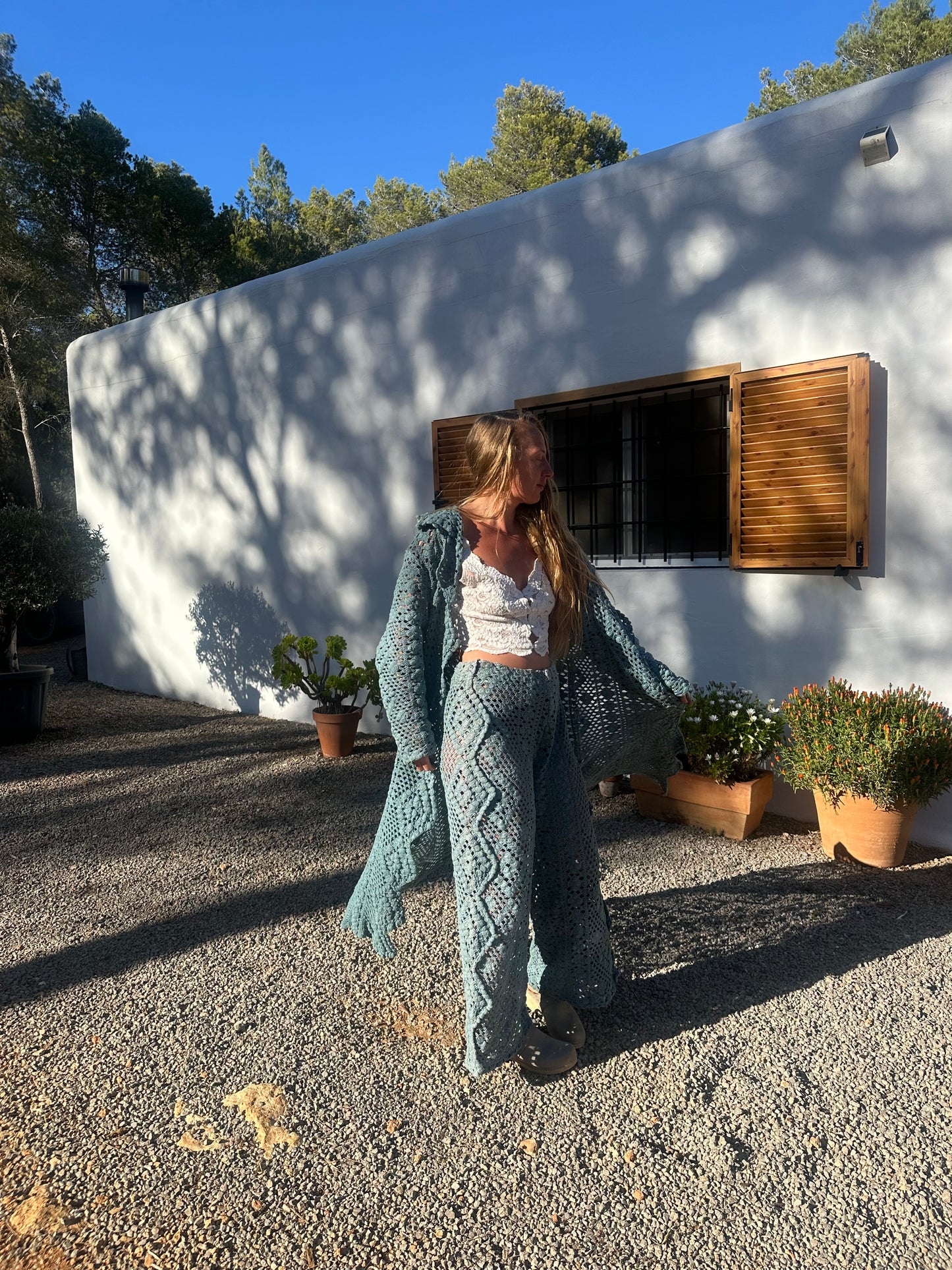 Vintage crochet textiles up-cycled wide leg pants dyed and made by vagabond Ibiza at our studio