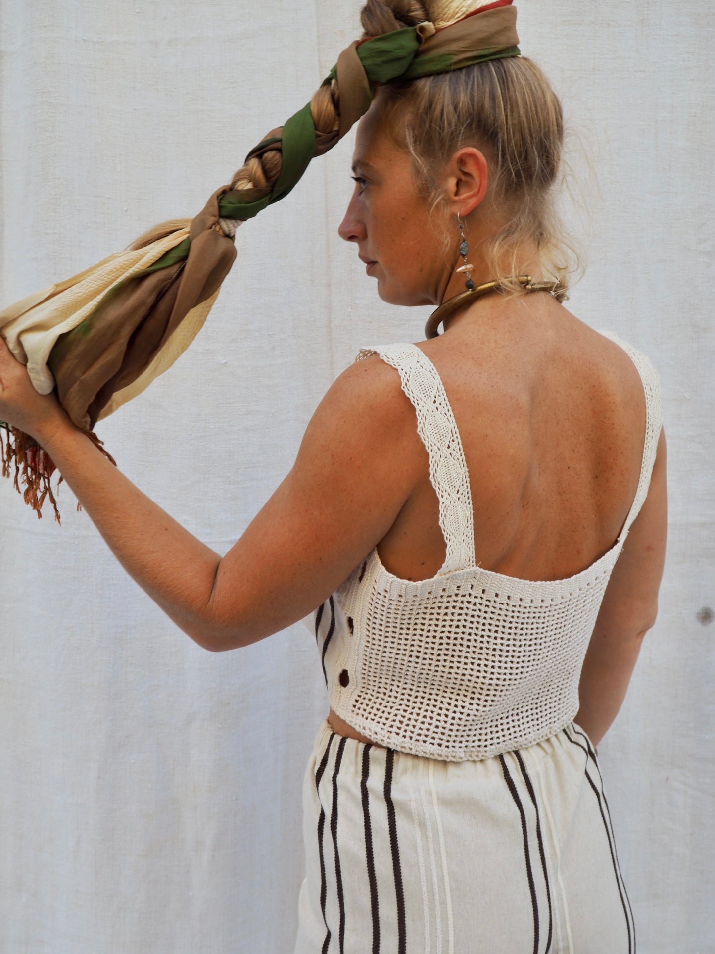 Up-cycled Vintage Linen & crochet Reversible Top – Handmade by Vagabond Ibiza