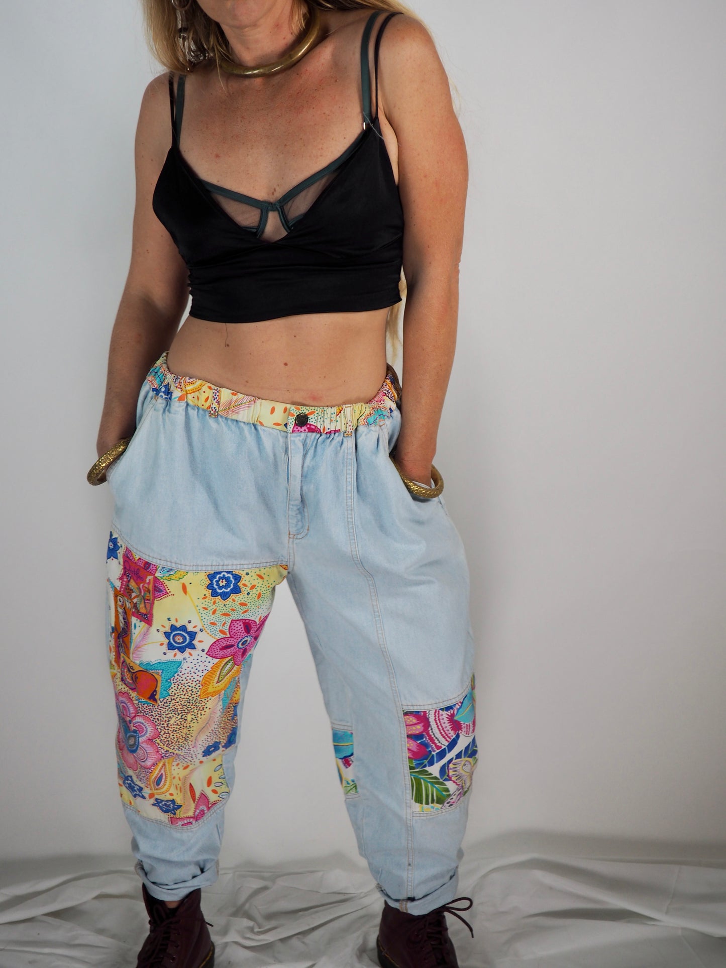 Vintage 1980s Denim Patchwork Pants a bold and playful statement piece