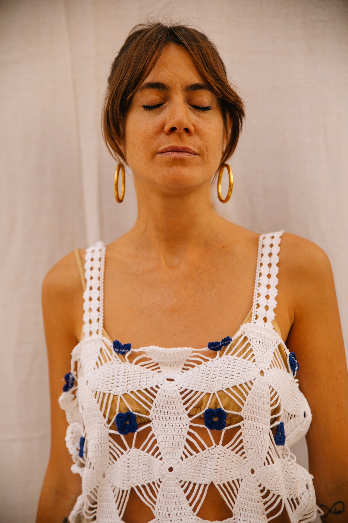 Up-cycled Crochet Top with Blue Flower Details – Handmade by Vagabond Ibiza