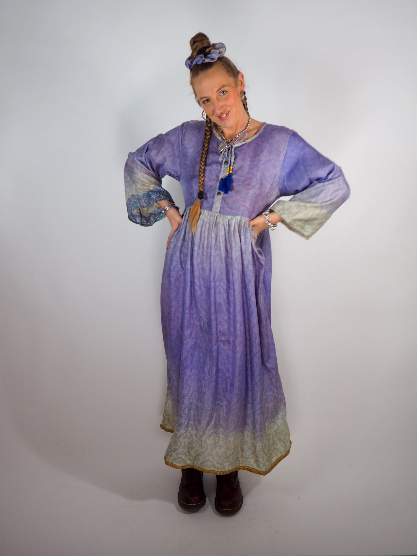 The Vadella Up-cycled Vintage Re-cycled Sari Maxi Dress – Sustainable Boho Dress with Tie Neck Detail + Matching Scrunchy & Bag