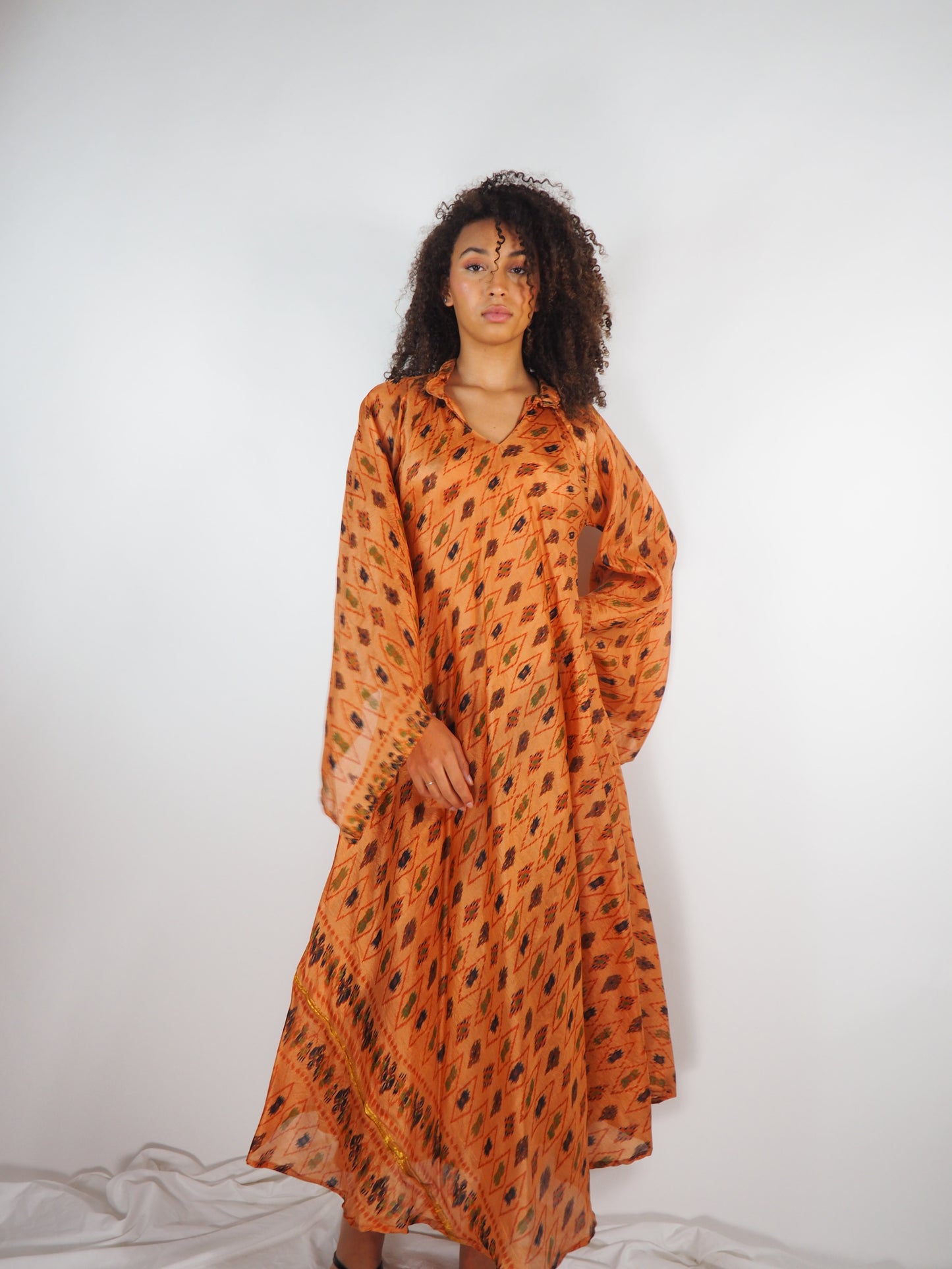 The Diamond Bias-Cut Maxi Dress – Up-cycled Vintage Sari Sustainable Dress with angel Sleeves + Matching Scrunchy & Bag